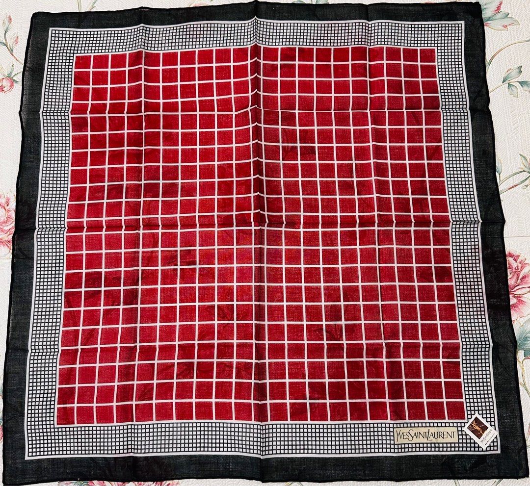 YSL Maroon and Black Handkerchief (Category: Luxury Accessories) located in Manila. Submitted by rarefindsgallery (Listing ID 1417488518, Image 2). Description: YSL Pocket Square Handkerchief Size: 18.5” x 18.5” Hand rolled Material: Cotton silk Lightweight fabric Authentic .