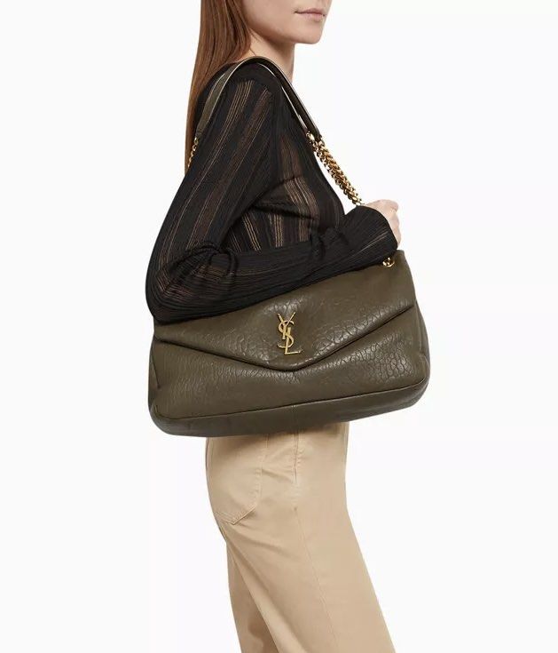 YSL Sling bag crossbody bag (Category: Luxury Bags & Wallets) located in Silang. Submitted by girlyouneedthis (Listing ID 1417461750, Image 1). Description: YSL Calypso large in this beautiful textured green genuine leather. Very spacious, can be sling bag and a crossbody bag. Coded, Comes with dustbag only. Size Height 23 CM Width 35 CM.