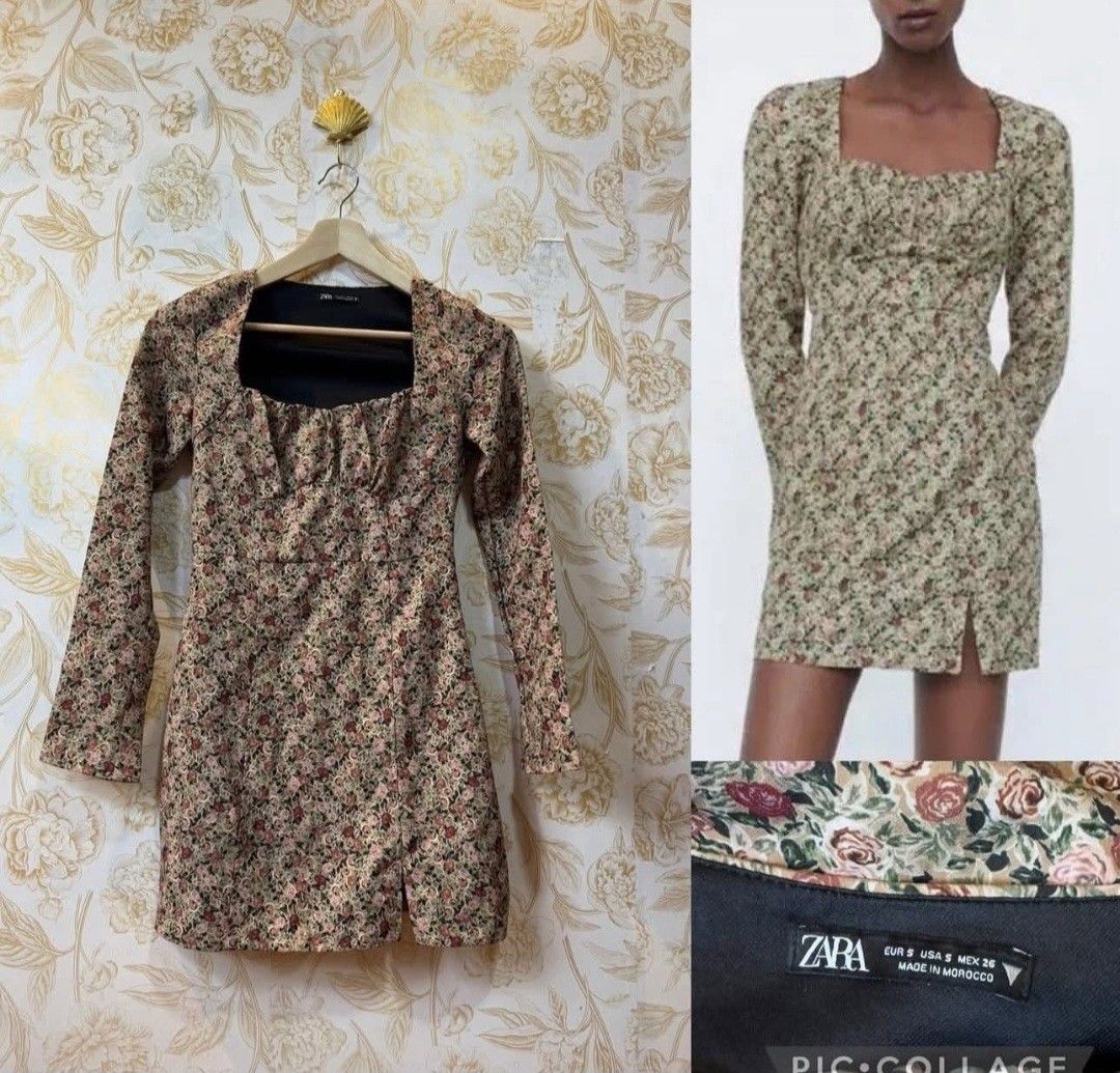 Zara Floral Mini Dress (Category: Dresses) located in Santo Tomas. Submitted by anneiyayey (Listing ID 1417449625, Image 1). Description: - Zara mini dress - Floral print - Square neckline - Long sleeves - Hem slit - Made in Morocco - Size tag visible.