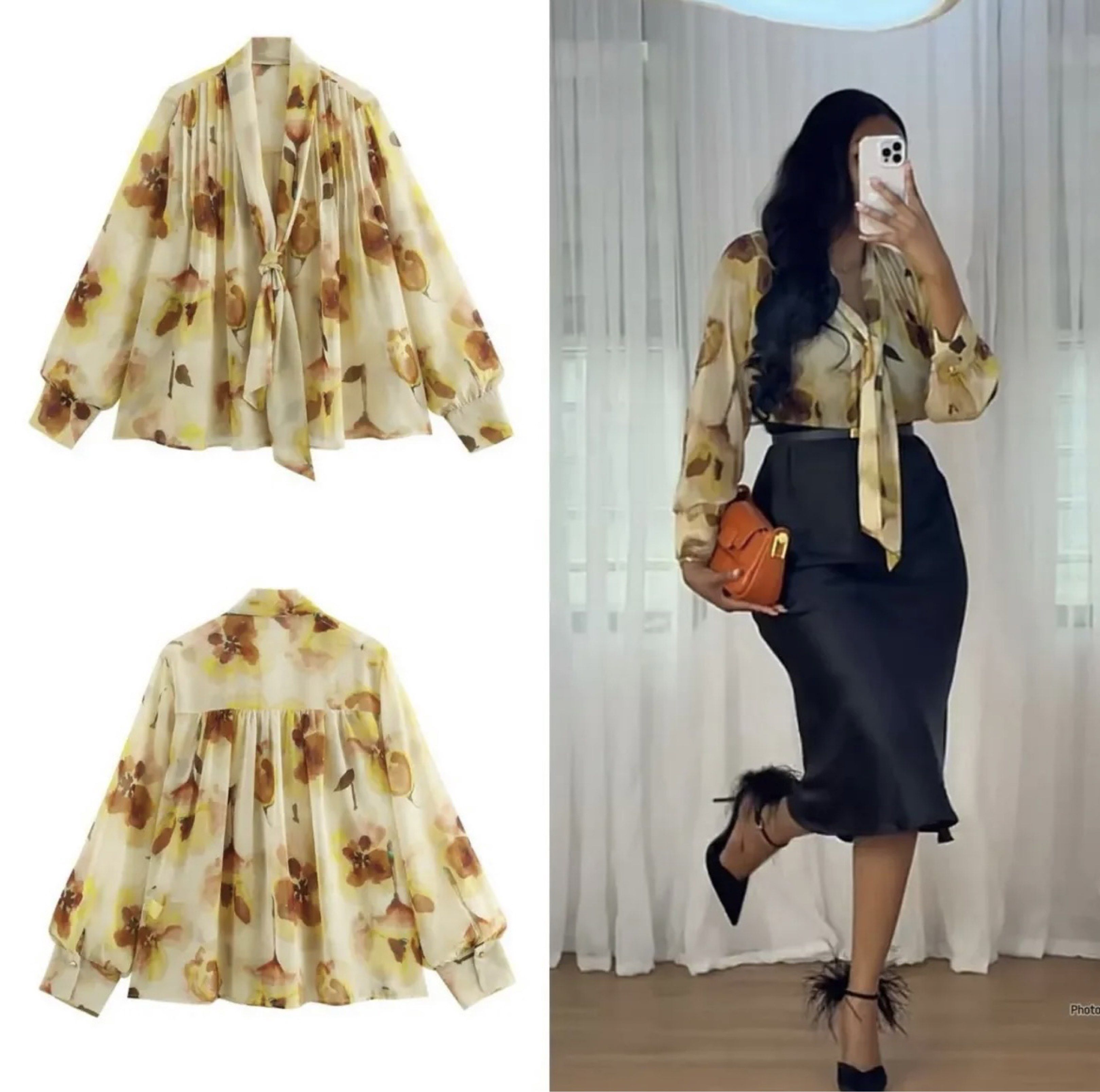 Zara Floral Print Blouse (Category: Blouses) located in Davao. Submitted by prettybuys.ph (Listing ID 1417578822, Image 2). Description: Barely Used. In good condition. RFS: Decluttering Message me for actual photo/video of the item - Zara floral print blouse - Features a tie-neck detail - Long sleeves - Flowy silhouette - Suitable for skirts and pants - Chic and stylish.