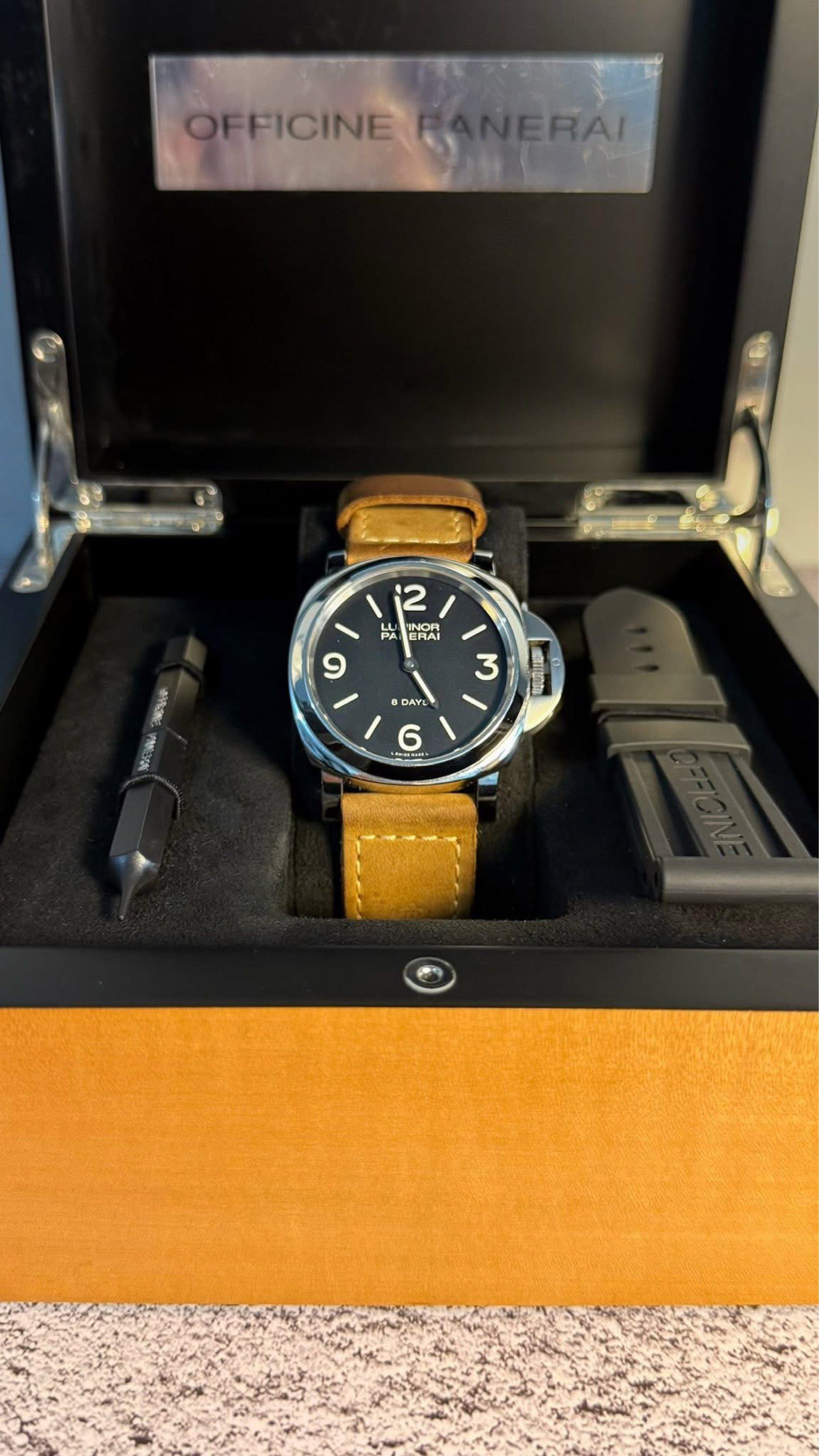 2016 Panerai Luminor Base 8 Days PAM00560 (Category: Luxury Watches) located in Makati City. Submitted by tomford18 (Listing ID 1417782889, Image 3). Description: 2016 Panerai Luminor Base 8 Days PAM00560 Ref. PAM00560 Complete Inclusions: ✅ Full Set (Box & Papers) + free original Panerai Strap! ✅ 44mm ✅ 9.8/10 195k only rush.
