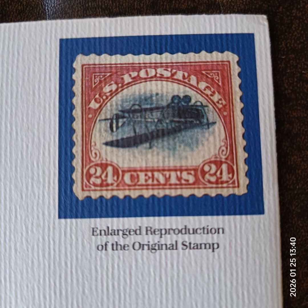 24 Cent Inverted Jenny Gold Replica Stamp (Category: Stamps & Prints) located in Calasiao. Submitted by anthonypeter (Listing ID 1417664895, Image 2). Description: 24 Cent Inverted Jenny 22kt Gold Replica stamp. It is an Air Mail Issue from 1918. The stamp is presented in a blue velvet-lined display case. The item also includes an enlarged reproduction of the original stamp. The First Day of Issue was May 13, 1918..