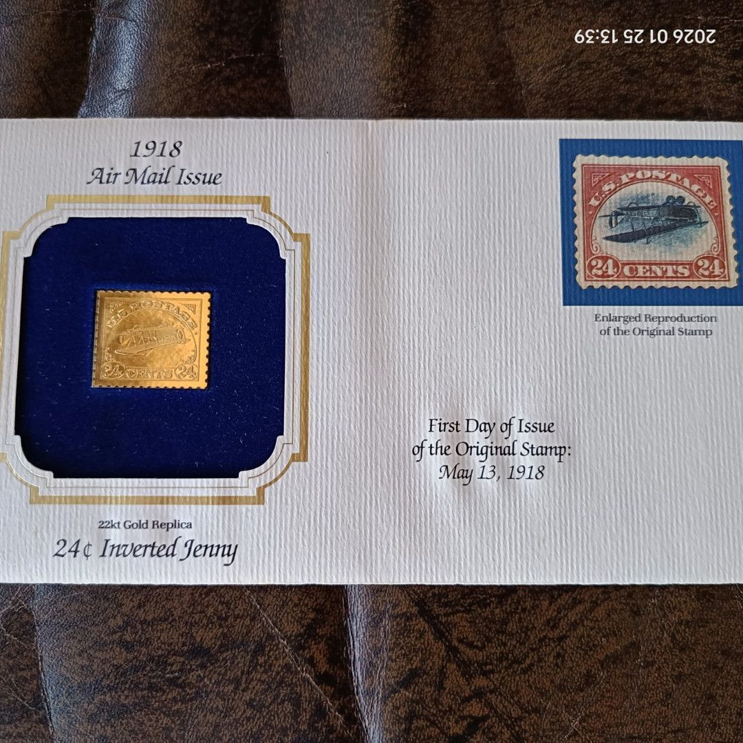 24 Cent Inverted Jenny Gold Replica Stamp (Category: Stamps & Prints) located in Calasiao. Submitted by anthonypeter (Listing ID 1417664895, Image 3). Description: 24 Cent Inverted Jenny 22kt Gold Replica stamp. It is an Air Mail Issue from 1918. The stamp is presented in a blue velvet-lined display case. The item also includes an enlarged reproduction of the original stamp. The First Day of Issue was May 13, 1918..