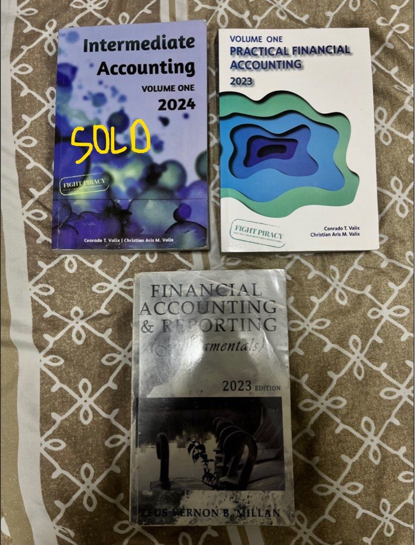 accounting books (valix, millan) (Category: Textbooks) located in Taguig. Submitted by ashdln (Listing ID 1412631969, Image 2). Description: MILLAN - financial accounting & reporting (fundamentals), 2023: 300 [SOLD] VALIX - intermediate accounting volume 1, 2024: 180 VALIX - practical financial accounting volume 1, 2023: 200 used during 1st yr so they have pages with light, easily erasable pencil marks but no damages! message me for a look at the