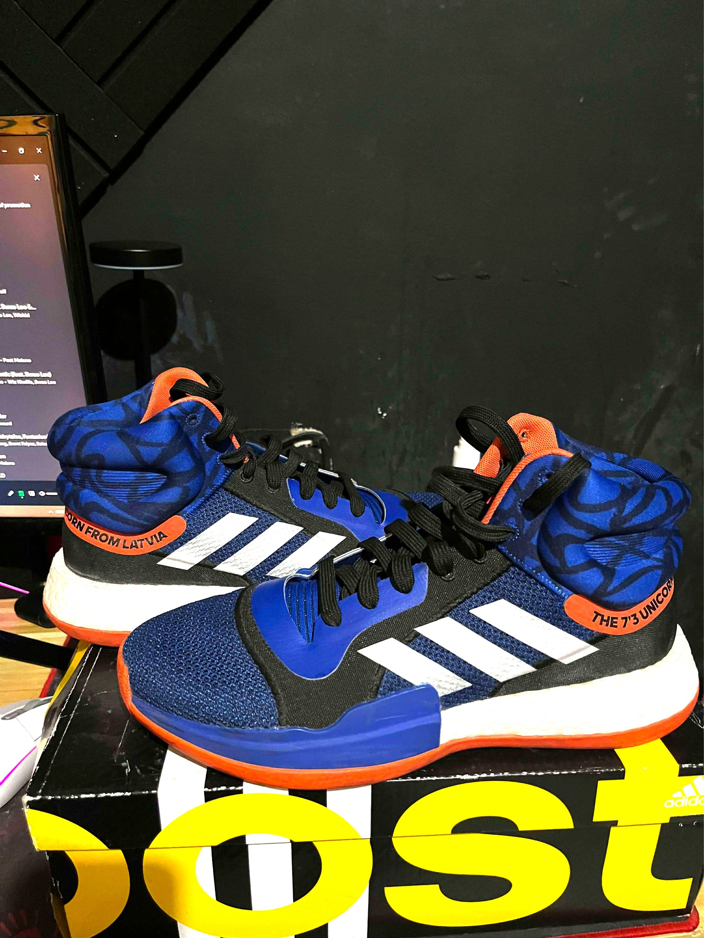 Adidas Marquee Boost Basketball Shoes (Category: Sneakers) located in Cabanatuan. Submitted by bag_a_beau (Listing ID 1417642399, Image 2). Description: - Adidas Marquee Boost basketball shoes - Color: Blue and orange with white stripes - High-top design - Boost midsole technology - Size: US 9.5, UK 9, FR 43 1/3, JP 275, CHN 265 - Includes original box - Lightly used, outer sole needs cleaning but overall this item is in excellent condition. This