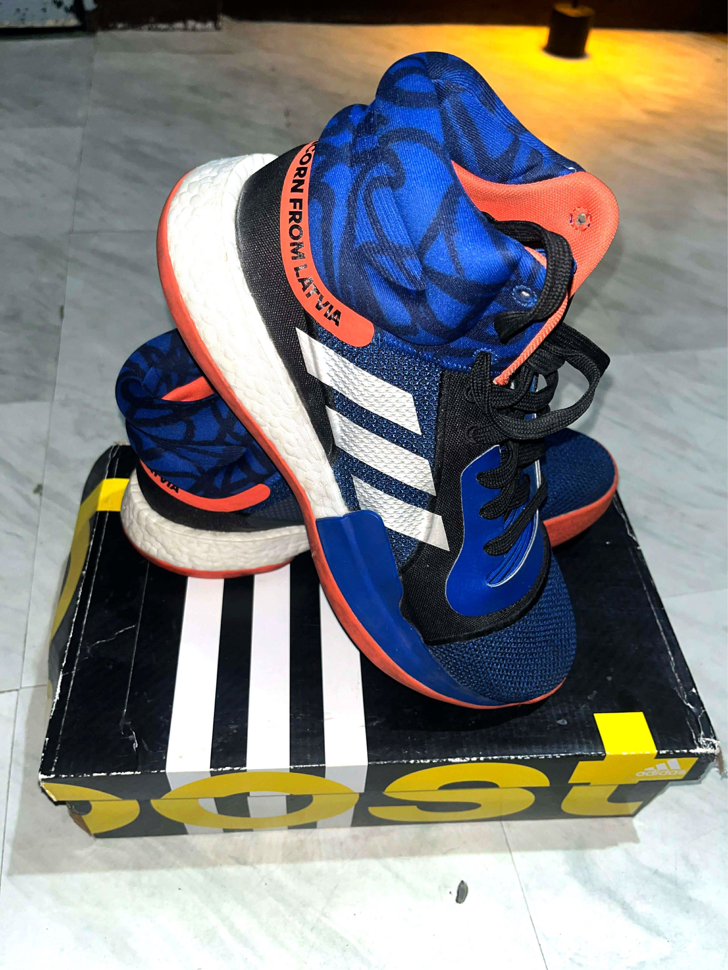 Adidas Marquee Boost Basketball Shoes (Category: Sneakers) located in Cabanatuan. Submitted by bag_a_beau (Listing ID 1417642399, Image 1). Description: - Adidas Marquee Boost basketball shoes - Color: Blue and orange with white stripes - High-top design - Boost midsole technology - Size: US 9.5, UK 9, FR 43 1/3, JP 275, CHN 265 - Includes original box - Lightly used, outer sole needs cleaning but overall this item is in excellent condition. This