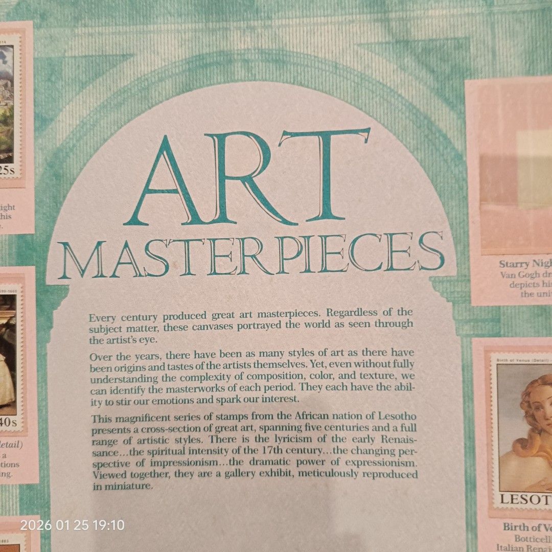 Art Masterpieces Stamp Collection (Category: Stamps & Prints) located in Calasiao. Submitted by anthonypeter (Listing ID 1417729704, Image 2). Description: Please Google title for description. missing one stamp in top right corner..