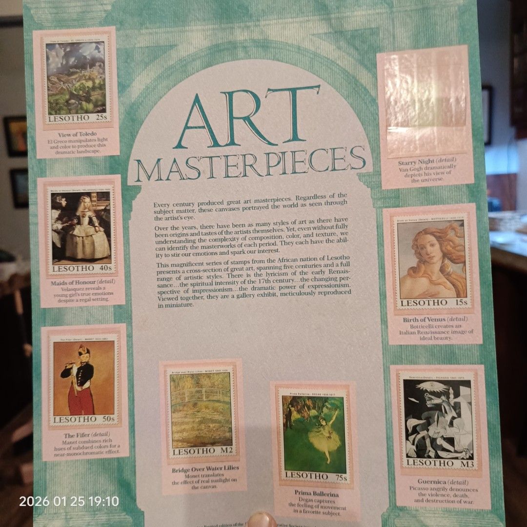 Art Masterpieces Stamp Collection (Category: Stamps & Prints) located in Calasiao. Submitted by anthonypeter (Listing ID 1417729704, Image 1). Description: Please Google title for description. missing one stamp in top right corner..