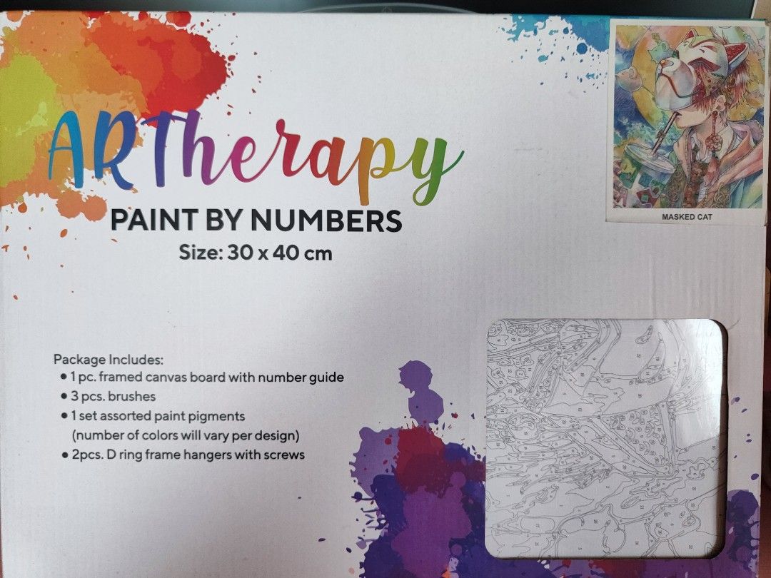 ARTherapy Paint by Numbers - Masked Cat (Category: Art & Prints) located in Marilao. Submitted by faeyie (Listing ID 1417711860, Image 1). Description: 🩷 With free set of green paintbrush (see 2nd photo).