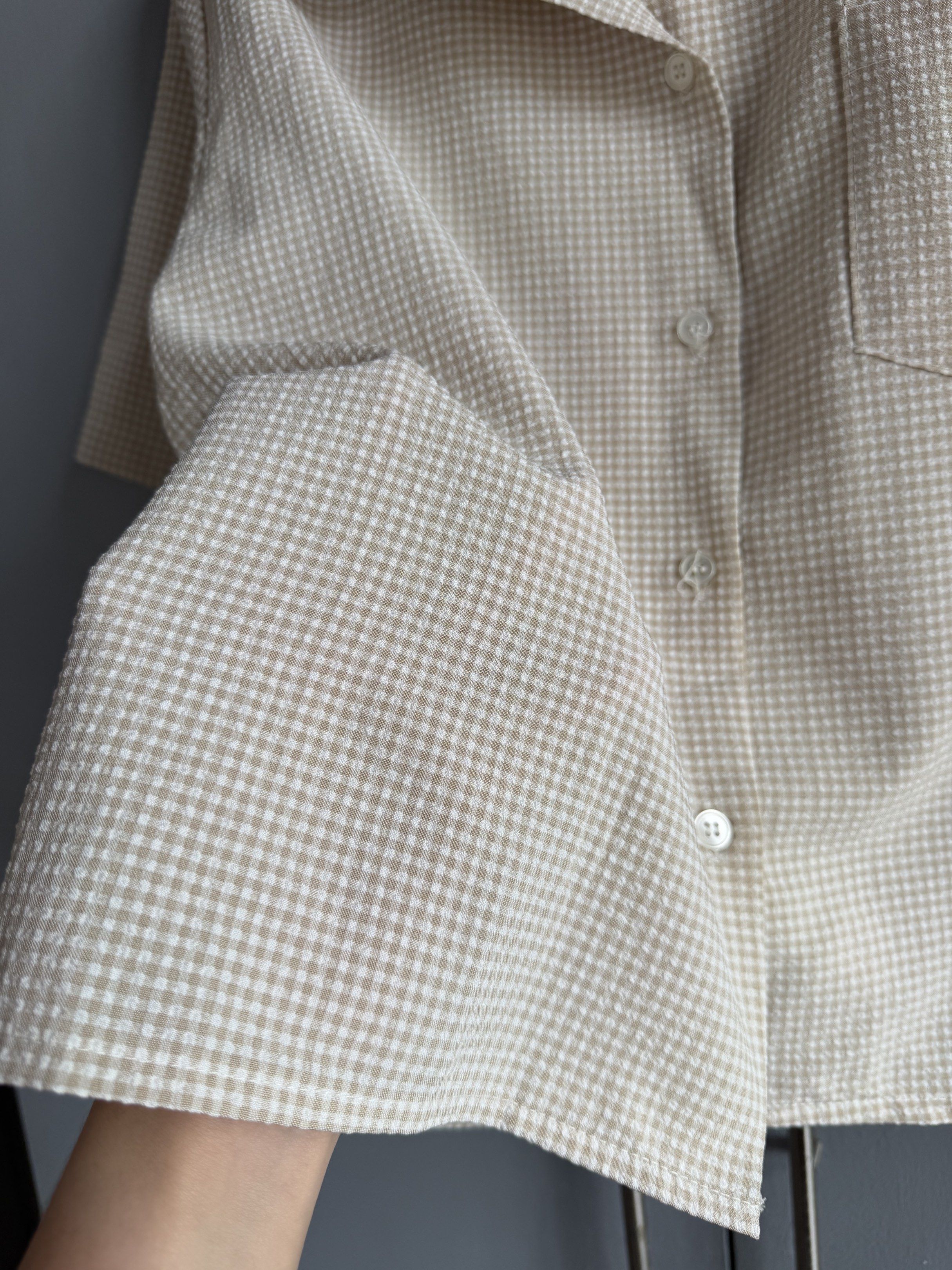 Beige Gingham Boxy Polo Shirt/Top (Category: Others Tops) located in San Juan City. Submitted by itemsfromkam (Listing ID 1417749156, Image 3). Description: • fits up to S • textured fabric, a bit stretchable, slightly boxy fit.