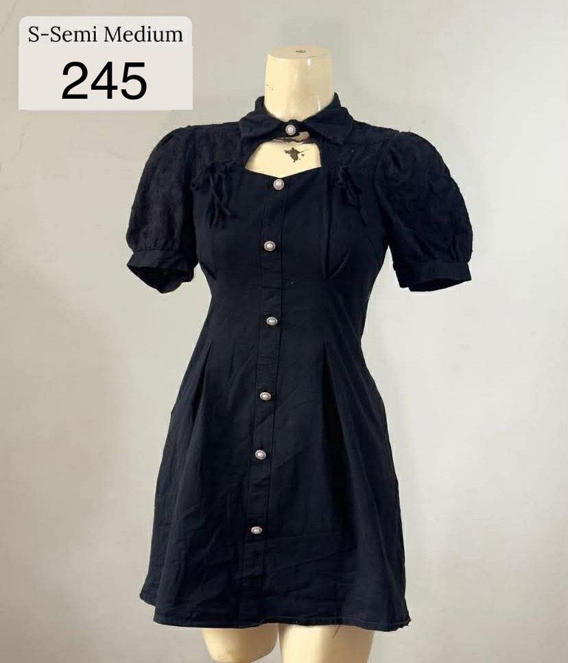 Black Dress with Pearl Buttons (Category: Dresses) located in Manila. Submitted by nc.pantone (Listing ID 1417662188, Image 1). Description: - Black dress - Unique collar design - Pearl button details - Short, puffy sleeves - High Quality L on tag but best fit M.