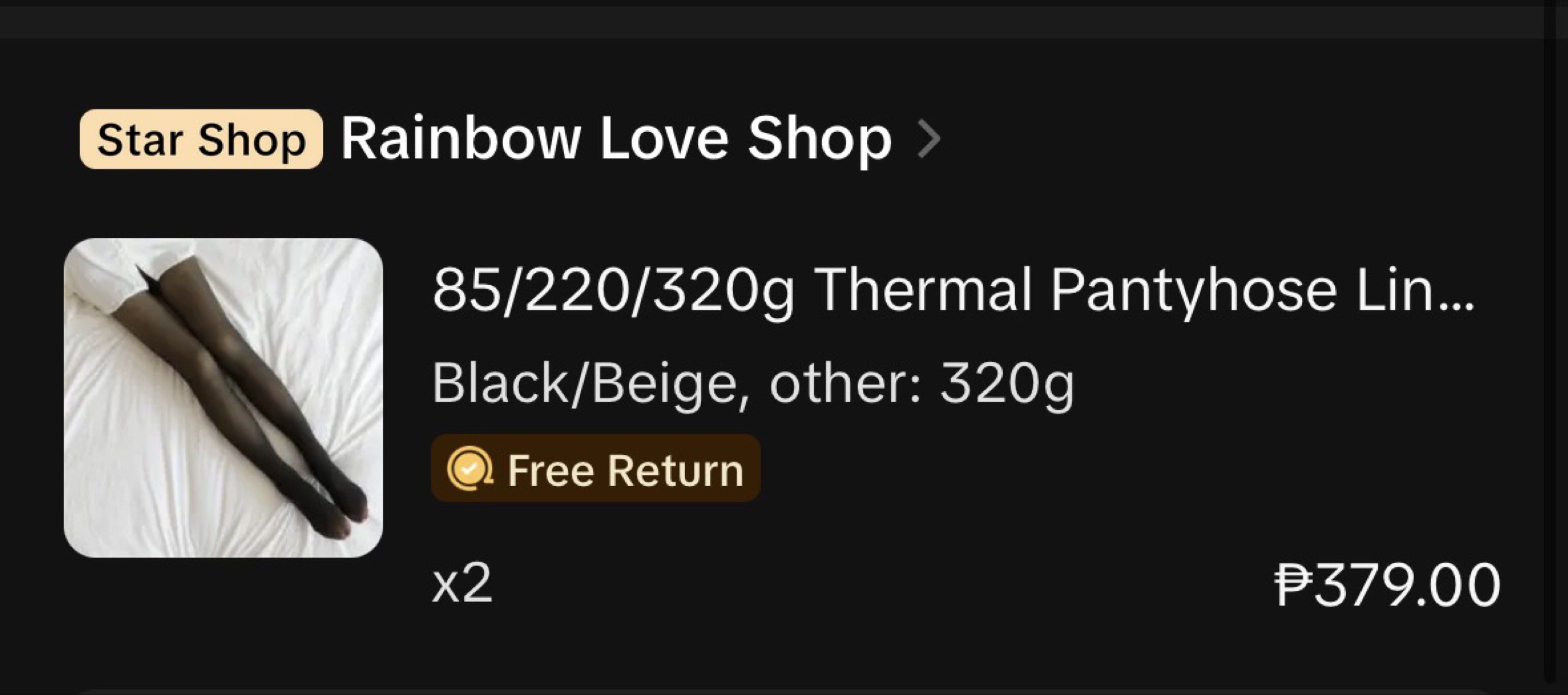 Black Thermal Pantyhose (320g) (Category: Socks & Tights) located in Pasig City. Submitted by thejoyceofdecluttering (Listing ID 1417614490, Image 3). Description: Brand new, never worn! Bought on Tiktok. Perfect for winter trips! Buy 1 for 300, buy both for 500!.