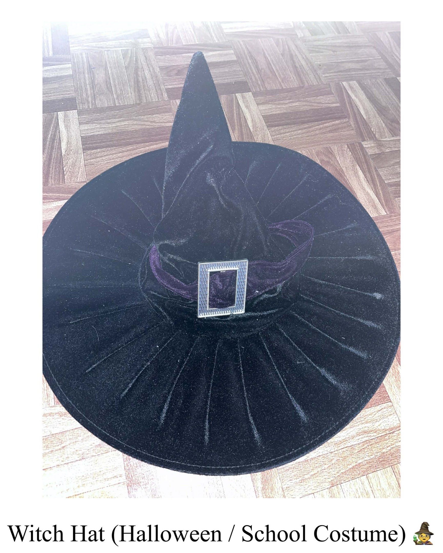 Black Witch Hat for Halloween Costume (Category: Babies & Kids Fashion) located in Quezon City. Submitted by mikkoimon (Listing ID 1417760861, Image 1). Description: - Black witch hat, perfect for Halloween or costume parties. - Features a wide brim and pointed top. - Includes a purple band with a silver buckle. - Made of soft, velvet-like material. - A great accessory to complete your witch costume!.