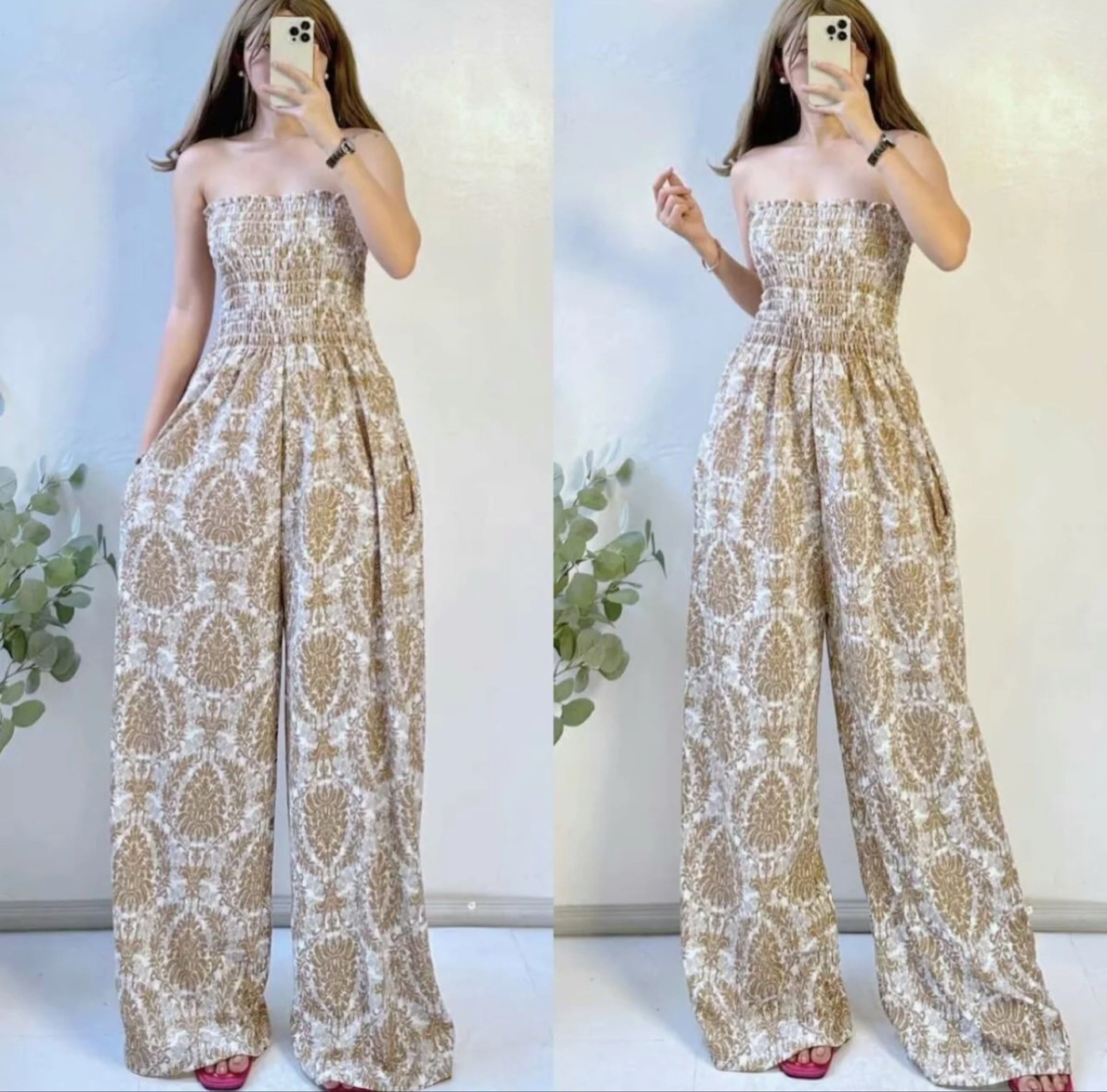 Boho Tube Jumpsuit (Category: Jumpsuits) located in Taguig. Submitted by tiny_trends (Listing ID 1417716875, Image 1). Description: - Tube jumpsuit - Smocked bodice - Wide-leg pants - Available in multiple colors - Unique patterned design - Casual and chic - Comfortable and easy to wear.