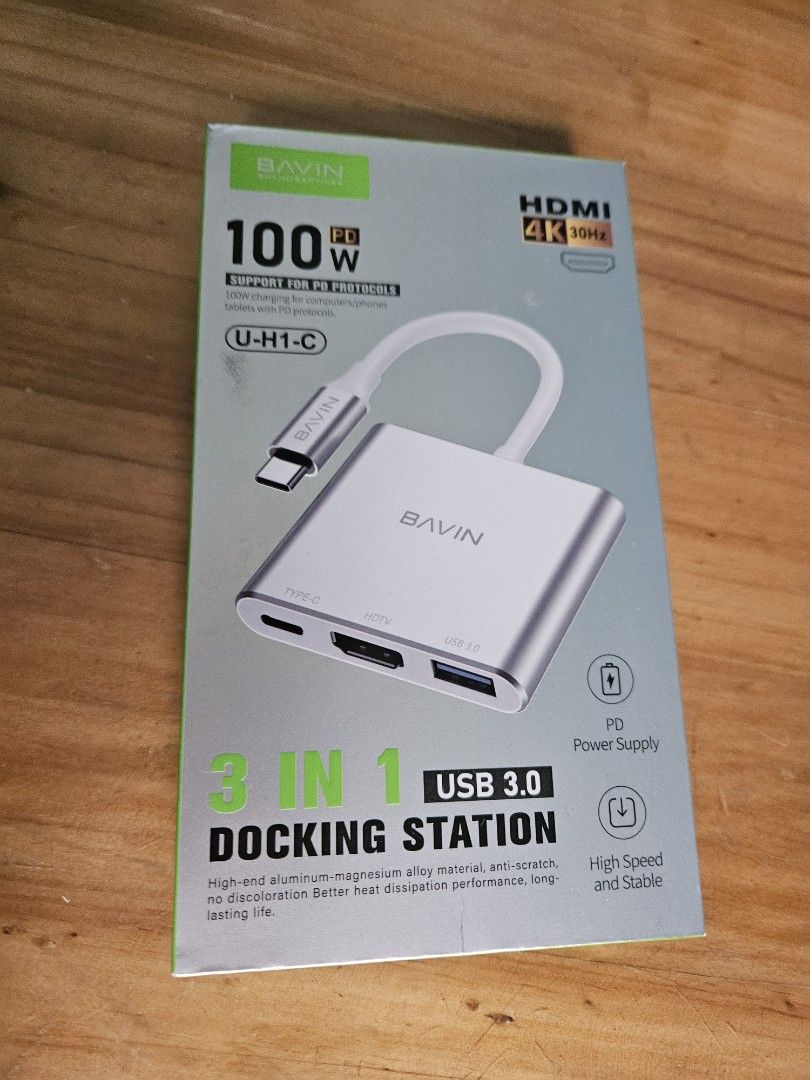 BVin 3-in-1 USB 3.0 Docking Station (Category: Chargers & Cables) located in Antipolo. Submitted by ibskikayshop (Listing ID 1417613075, Image 2). Description: - Bavin 3-in-1 USB 3.0 Docking Station - Silver color - Includes HDMI port - Features USB 3.0 port - USB-C port for charging and data transfer (PD) - High-quality material.