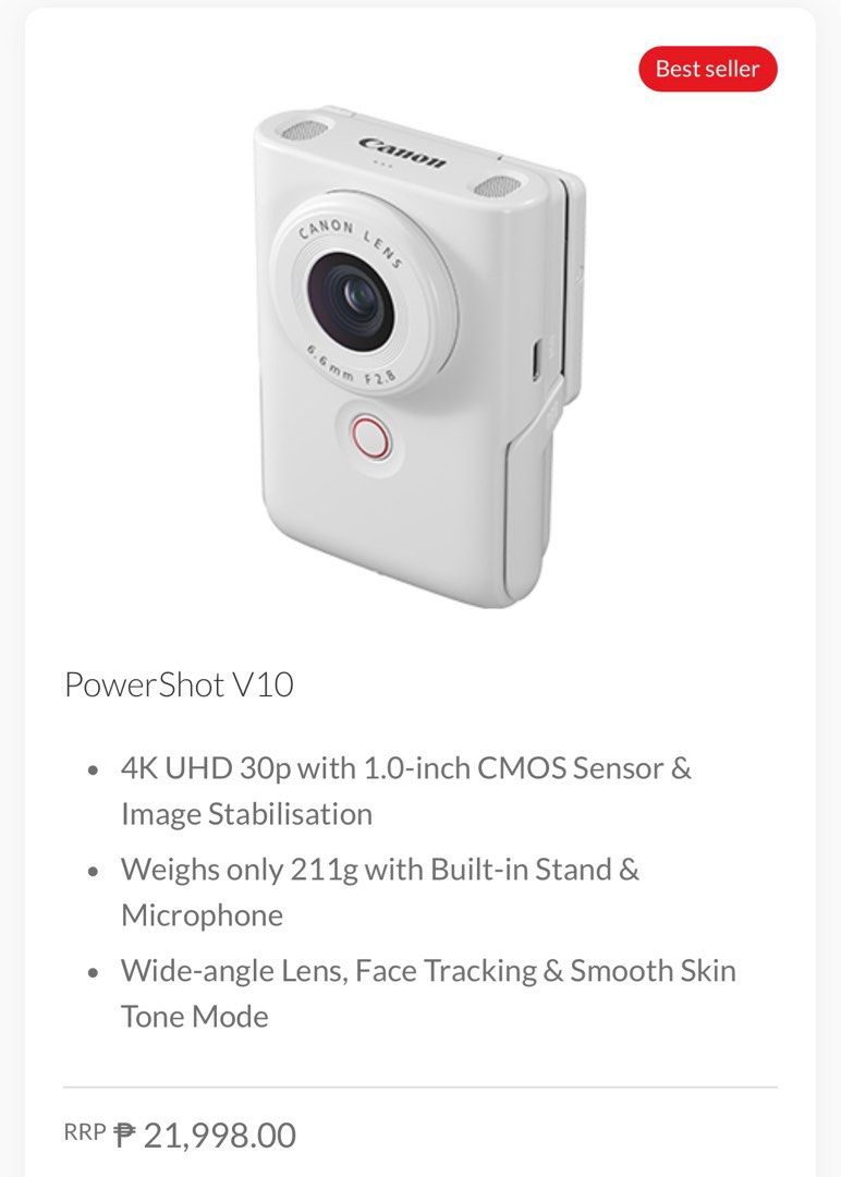 Canon PowerShot V10 Digital/Vlogging Camera White (Category: Cameras) located in Las Pinas. Submitted by taehyungiebr (Listing ID 1395674255, Image 2). Description: - Canon PowerShot V10 Digital Camera (bought last jan 2025) - purchased at the Canon store in SM Mall of Asia (receipt still available) - good condition - message for more sample vids/pics (sample shots are in the last photo) - super cute for vlogging🥰 - 4K UHD 30p Video Recording - 