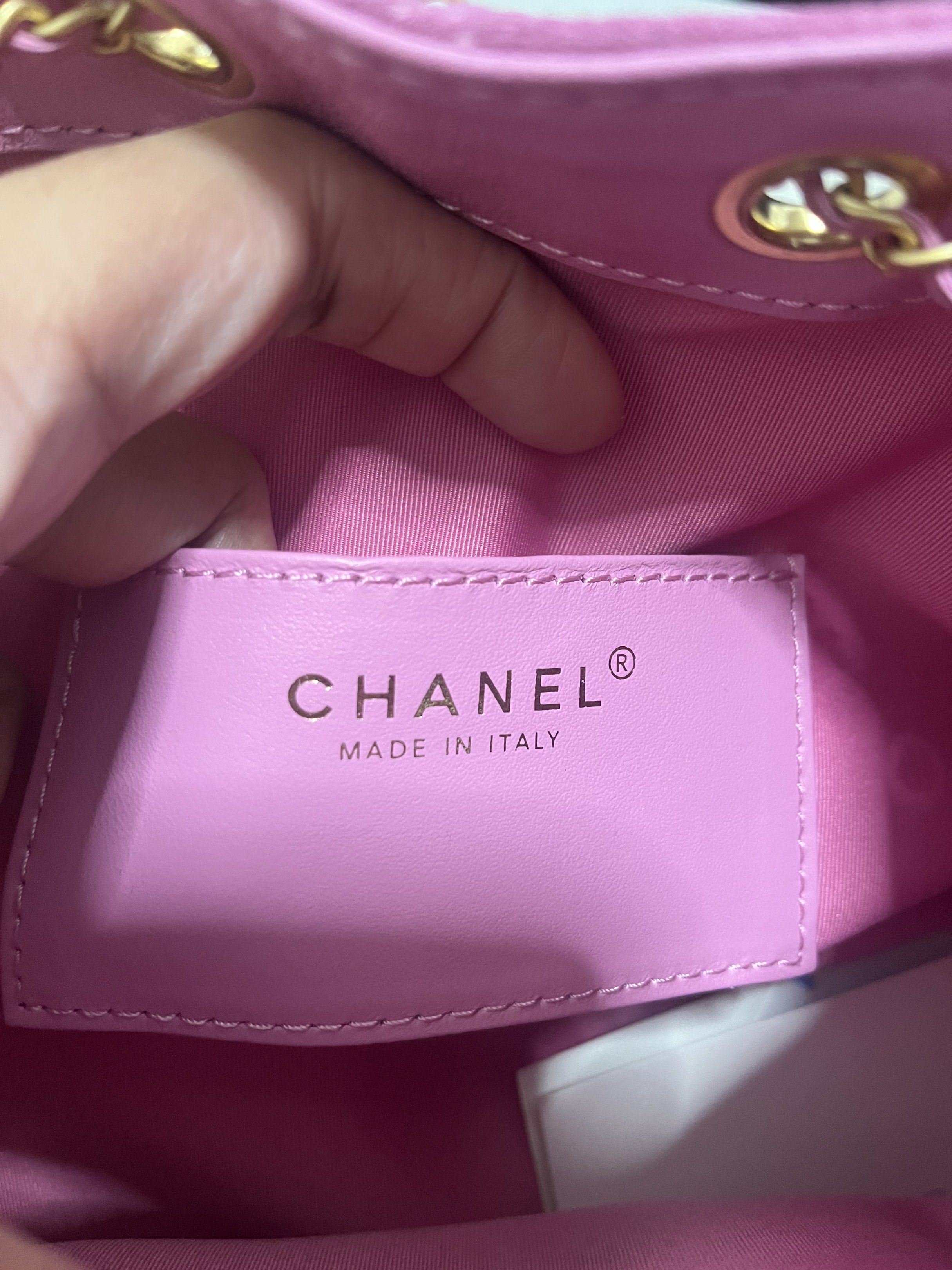 Chanel 25 small Suede pink bag (Category: Luxury Bags & Wallets) located in Calamba. Submitted by rosychix (Listing ID 1402646698, Image 3). Description: - Chanel 25 Drawstring Bag - Chain strap - Gold-tone CC logo - Suede material - Bucket bag shape - Includes dust bag - micro chip - Authenticity not guaranteed .