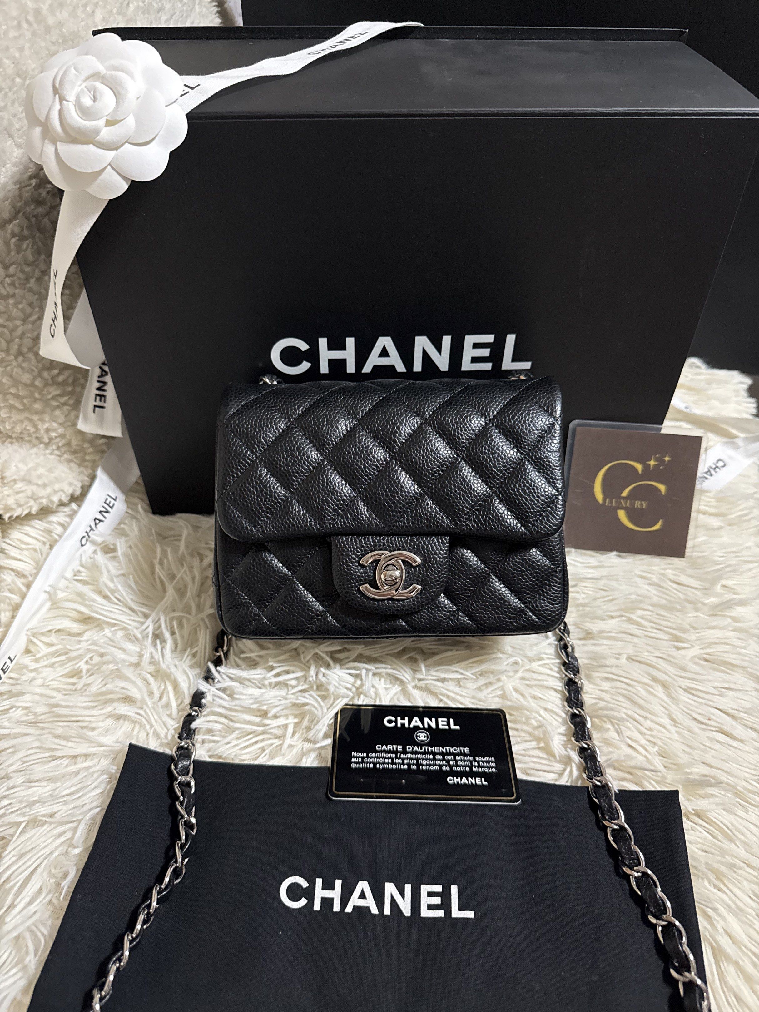 Chanel Mini Square Flap Black Caviar (Category: Luxury Bags & Wallets) located in Manila. Submitted by ccluxuryy (Listing ID 1417799801, Image 1). Description: Chanel Mini Classic Square Flap Black Caviar Leather SHW Rare piece Series 16 Good condition, no rubs Comes complete with Entrupy (no receipt) P235k only Location: Merville, Paranaque Meet up: MOA, DLSU, Newport, Greenbelt, BGC Delivery: Grab, Lalamove or LBC Guaranteed authentic or money 