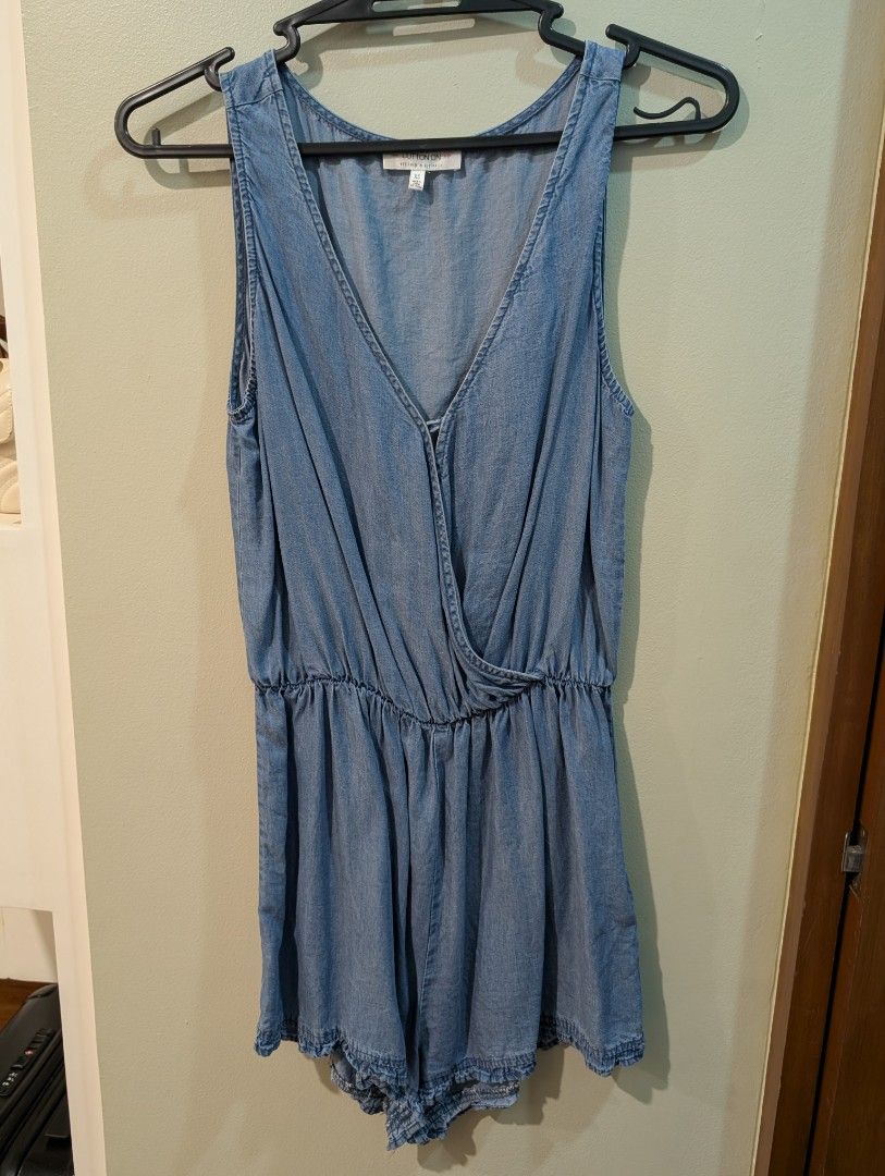 Cotton On Denim Romper XS (Category: Rompers) located in Manila. Submitted by csisters3 (Listing ID 1417739783, Image 1). Description: Cotton On denim romper, XS size. Features a V-neck, and sleeveless design. Light blue denim wash. Perfect for casual wear..