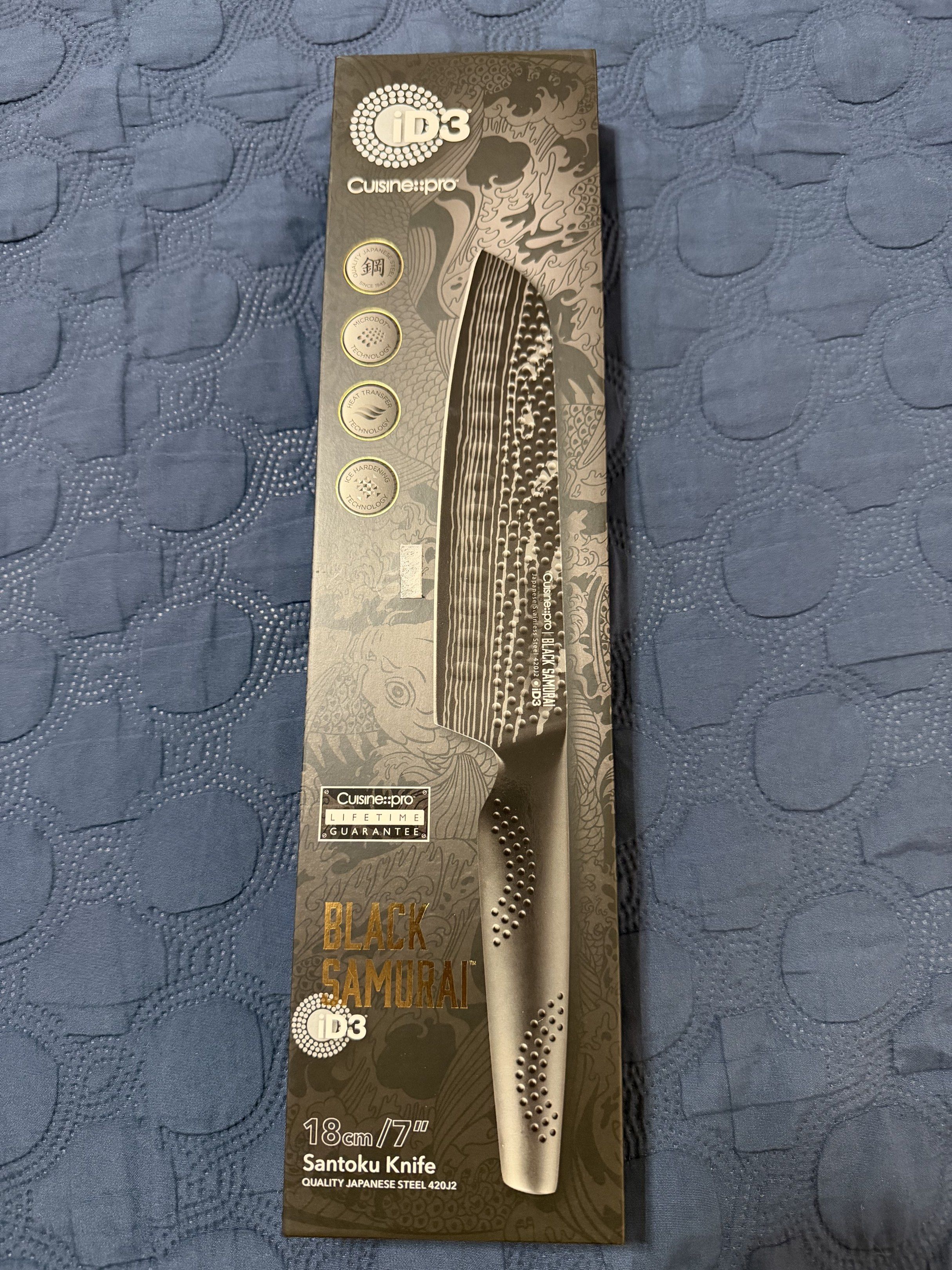 Cuisine Pro iD3 Black Samurai Santoku Knife (Category: Knives & Chopping Boards) located in Mandaluyong City. Submitted by jim.dc (Listing ID 1417639920, Image 1). Description: 18cm / 7”.