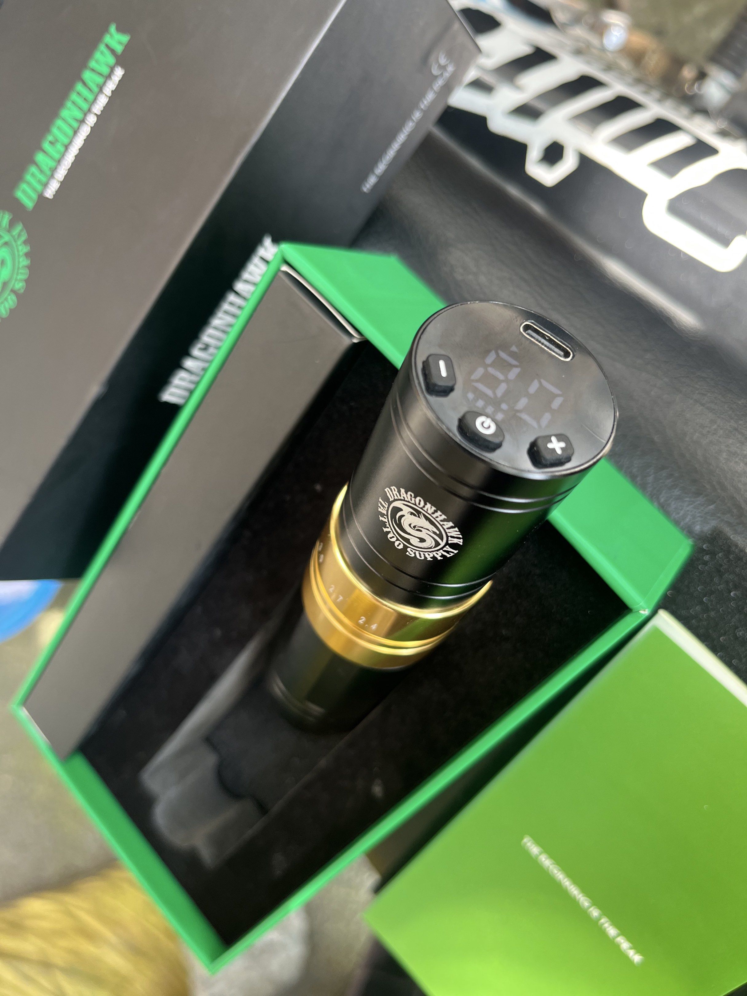 Dragonhawk Tattoo Pen Machine (Category: Craft Supplies & Tools) located in Rizal. Submitted by dead_inside (Listing ID 1417618860, Image 3). Description: - Dragonhawk tattoo A2 pen machine - black and gold design - Digital display - USB-C charging port - Includes original box rfs: extra machine / barely used, can pass as new.