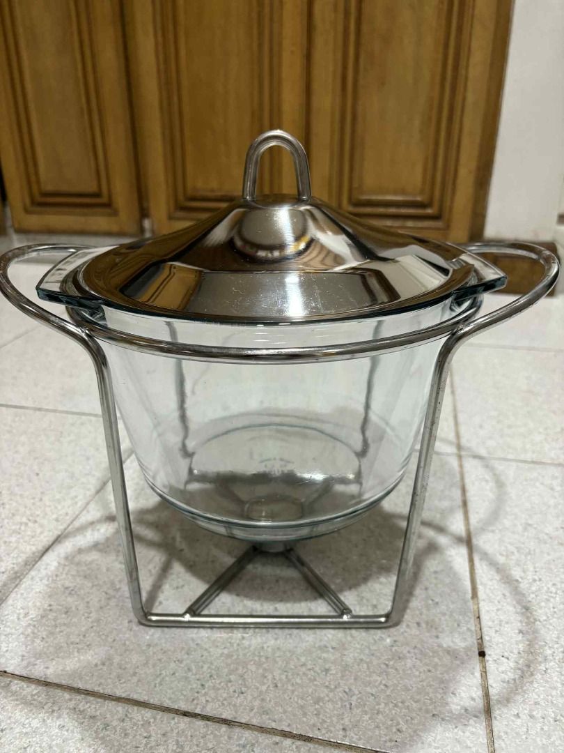 Food Warmer with Glass Dish (Category: Food Organization & Storage) located in Manila. Submitted by jjalbert (Listing ID 1417612170, Image 3). Description: - Food warmer with glass dish - Includes metal stand and lid - Model: 88400S - Designed to keep food warm - Secure metal frame for the glass dish.