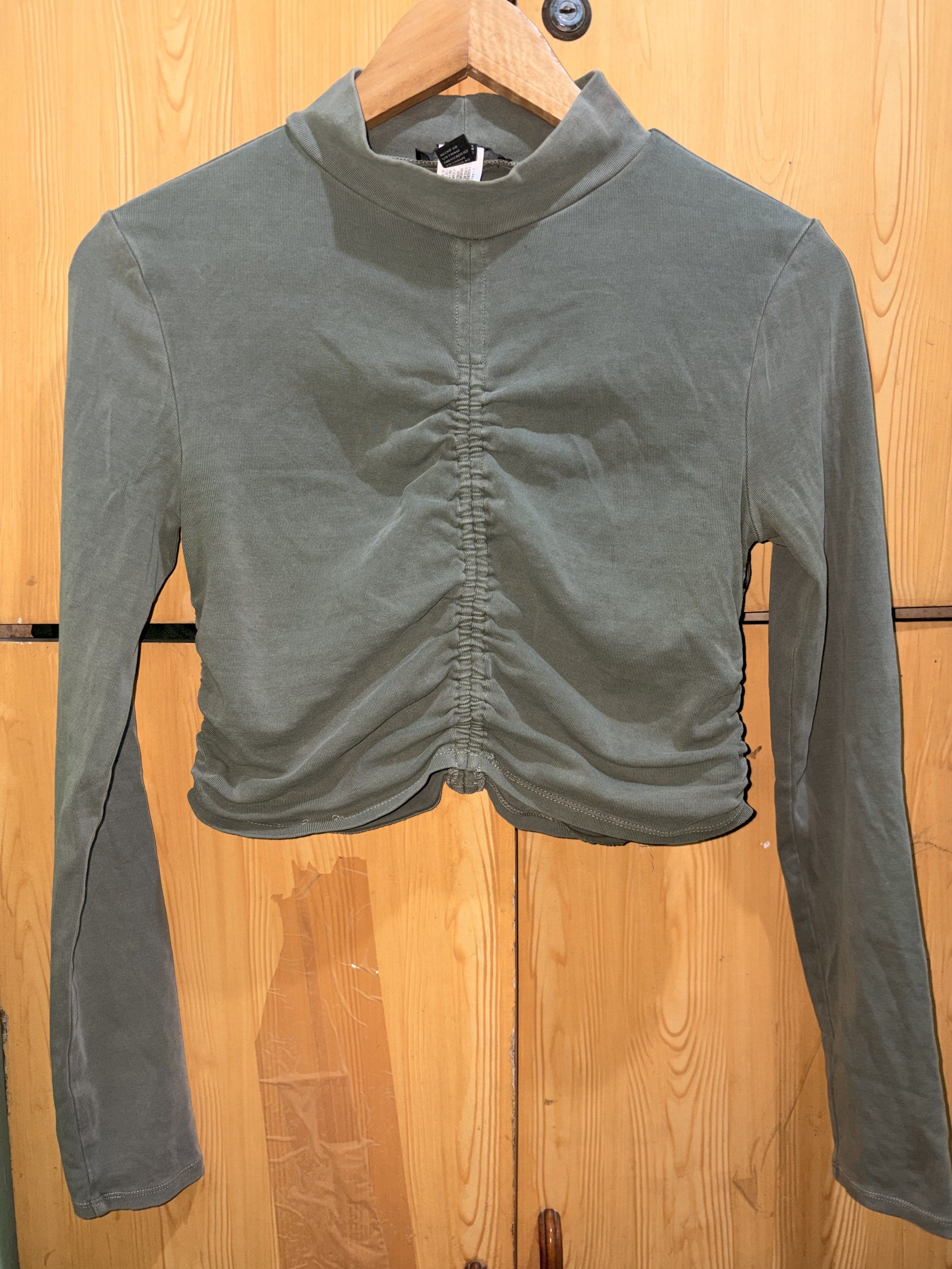 Forever 21 Olive Green Ruched Top (Category: Blouses) located in Manila. Submitted by ciiii1 (Listing ID 1417735731, Image 2). Description: Olive green long-sleeved top from Forever 21. Features a mock neck and ruched detailing down the front. The top is a cropped length. Size L. Made in Vietnam..