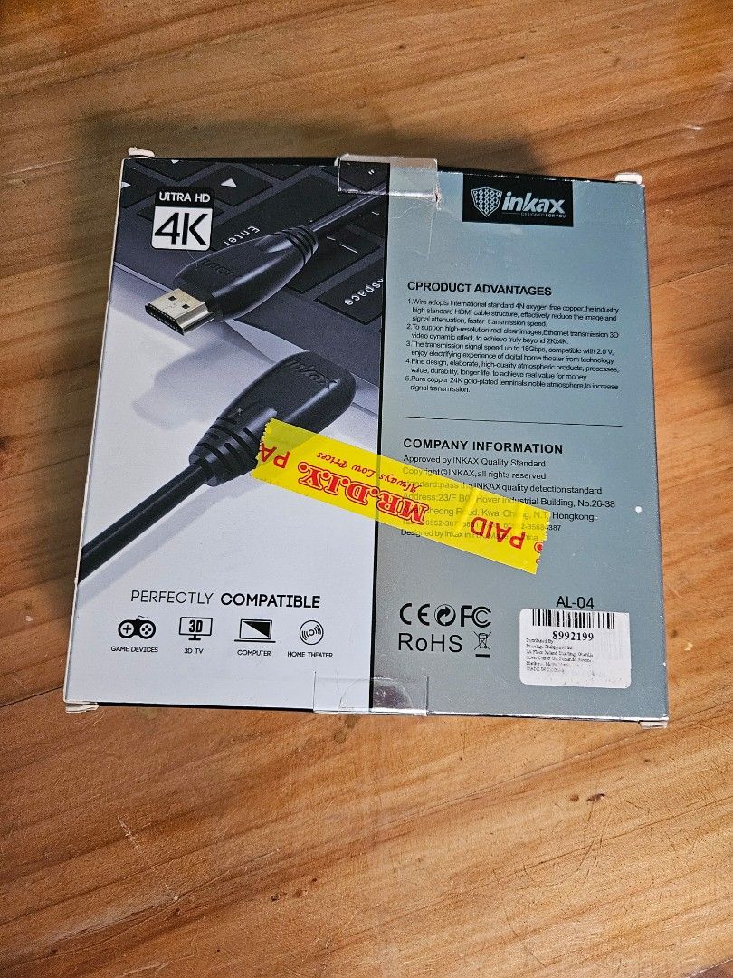 inkax HDMI Cable 4K Ultra HD (Category: Cables & Adaptors) located in Antipolo. Submitted by ibskikayshop (Listing ID 1417612803, Image 2). Description: - Inkax HDMI Cable AL-04 - Supports 4K Ultra HD resolution - 15 meters long - Compatible with TV, monitor, and game console - Brand new, in original packaging.