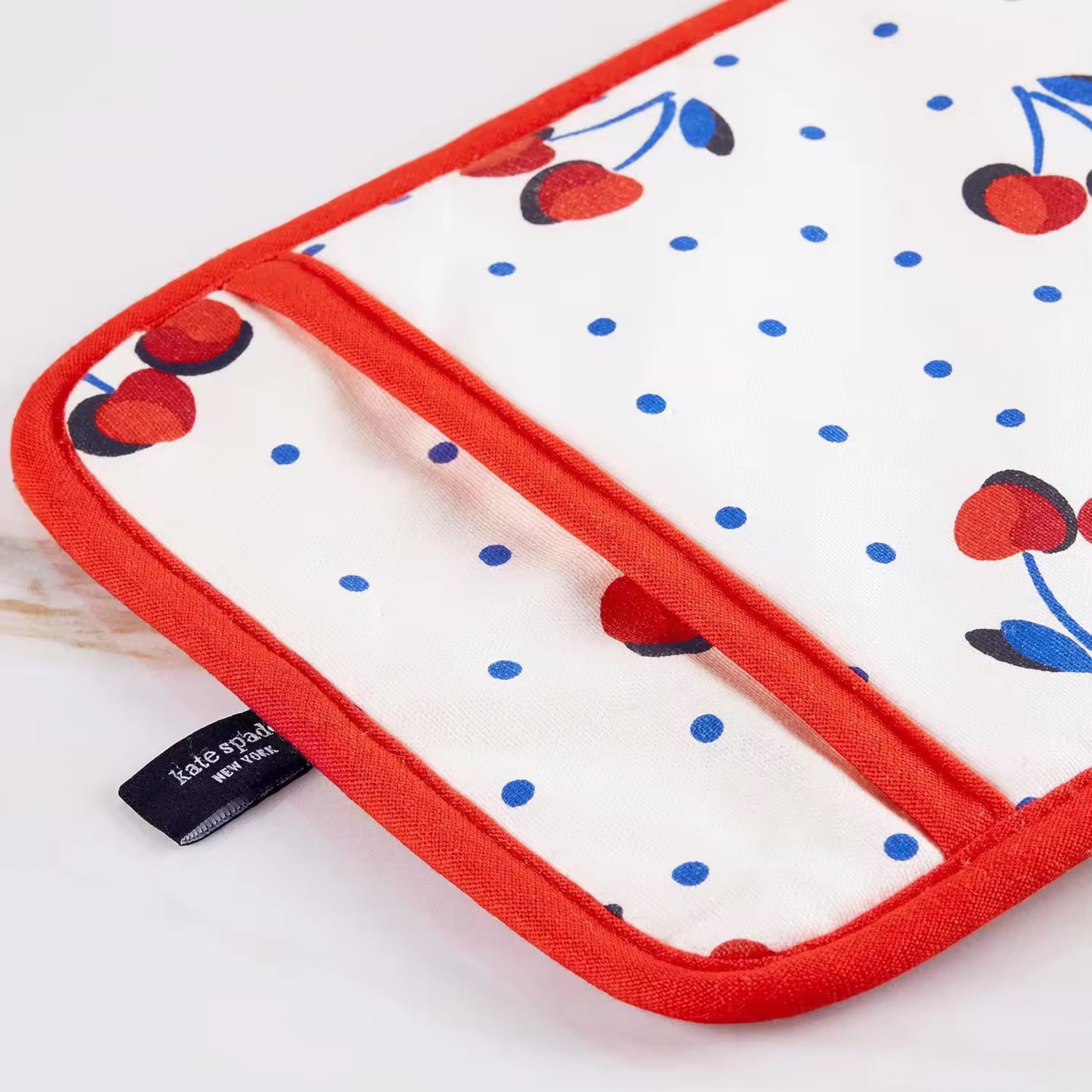 Kate Spade New York Cherry Dot 4-Pack Set (Category: Other Kitchenware & Tableware) located in San Juan City. Submitted by erikacantoryu (Listing ID 1417775098, Image 3). Description: 100% Cotton Kate Spade Cherry Dot 4-pack set includes 2 kitchen towels measuring 17” × 28”, 1 oven mitt measuring 7’x 13”, and 1 pot holder measuring 7” × 10” 100% cotton with printed pigment dual-purpose kitchen towels, lint-free for drying dishes and highly absorb