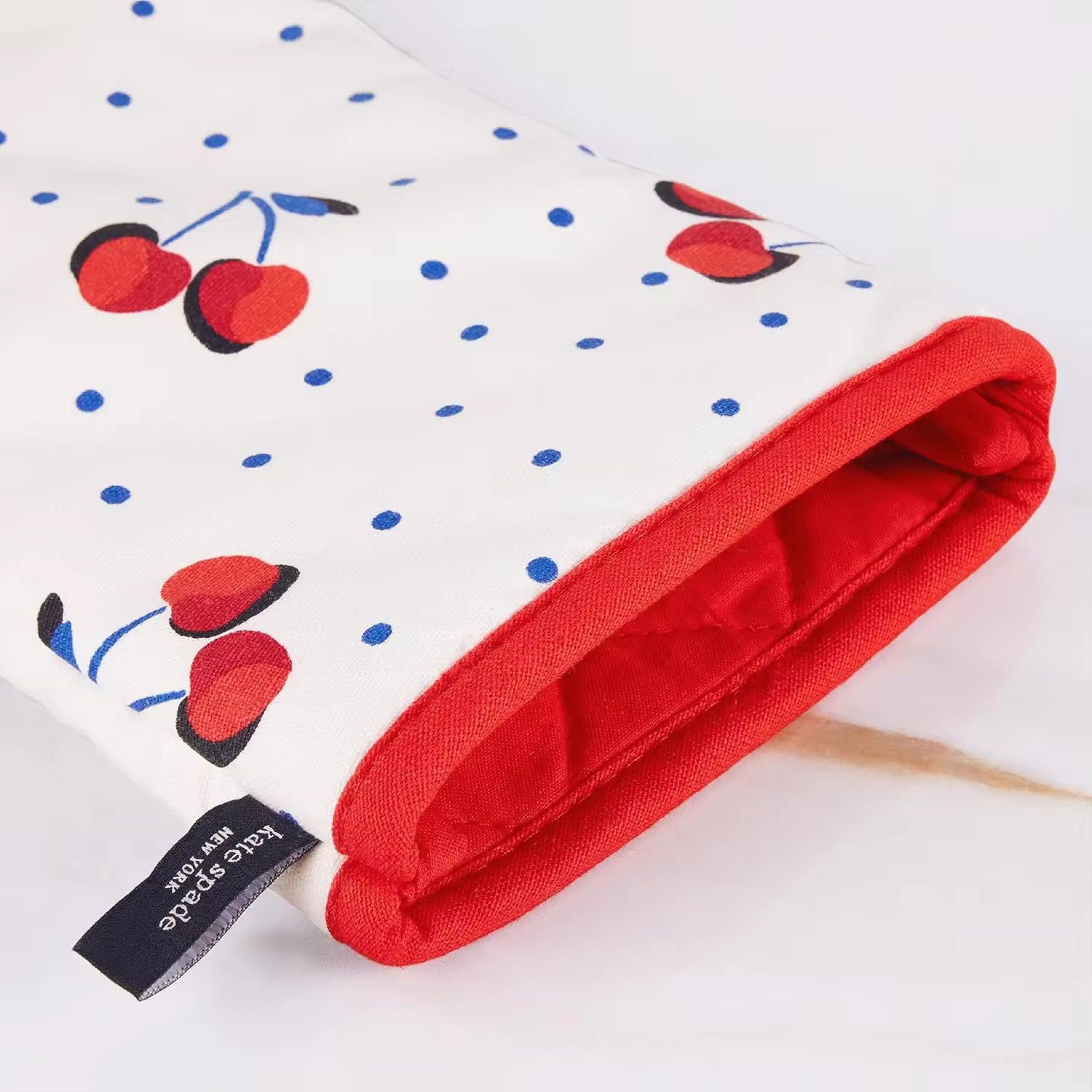 Kate Spade New York Cherry Dot 4-Pack Set (Category: Other Kitchenware & Tableware) located in San Juan City. Submitted by erikacantoryu (Listing ID 1417775098, Image 2). Description: 100% Cotton Kate Spade Cherry Dot 4-pack set includes 2 kitchen towels measuring 17” × 28”, 1 oven mitt measuring 7’x 13”, and 1 pot holder measuring 7” × 10” 100% cotton with printed pigment dual-purpose kitchen towels, lint-free for drying dishes and highly absorb
