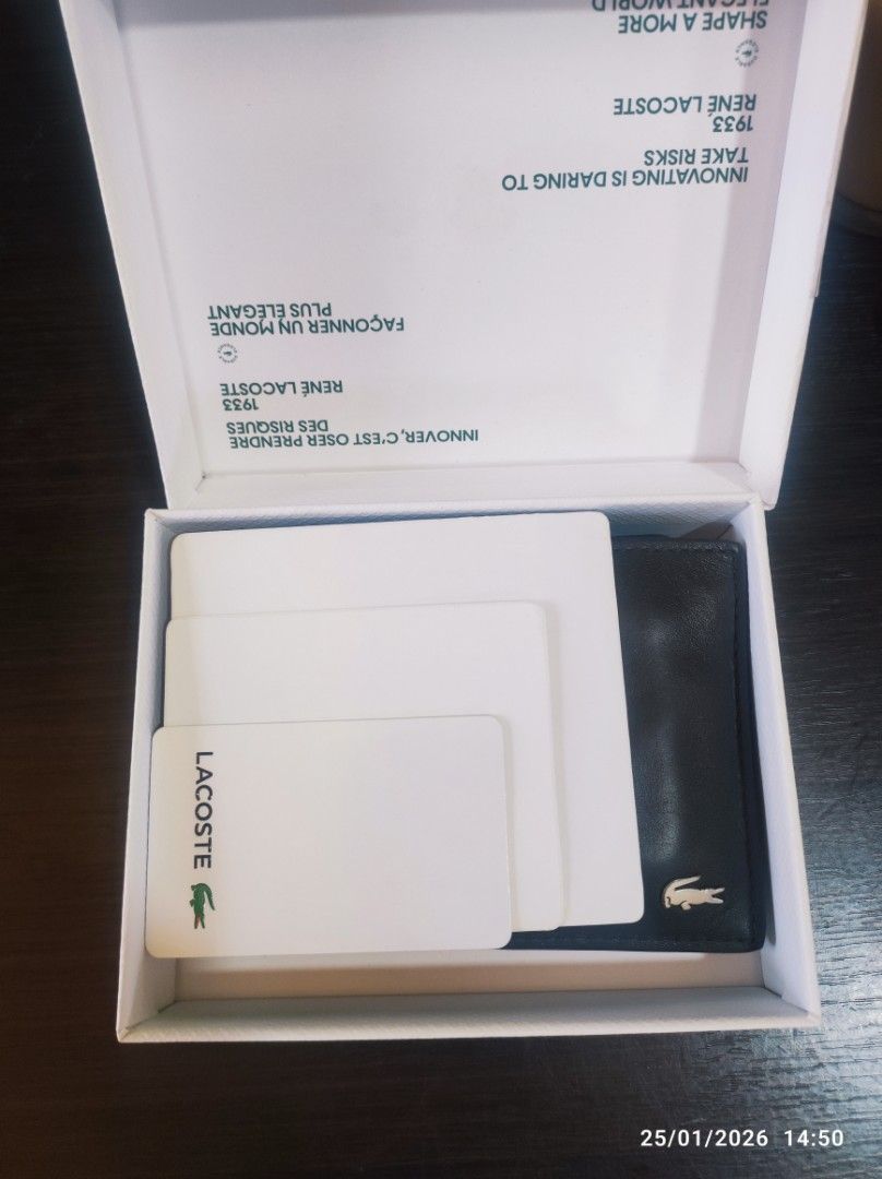 Lacoste Cow Leather Billfold Wallet (Category: Wallets & Card Holders) located in Quezon City. Submitted by goldendeer_cd30fa (Listing ID 1417672461, Image 1). Description: Authentic Lacoste Cow Leather Billfold Wallet This timeless, elegant, compact billfold, made from smooth leather, has all the features you’d expect from a much larger piece. Featuring a double pocket on the back for bills, plus space for three cards and coins. A practical desi