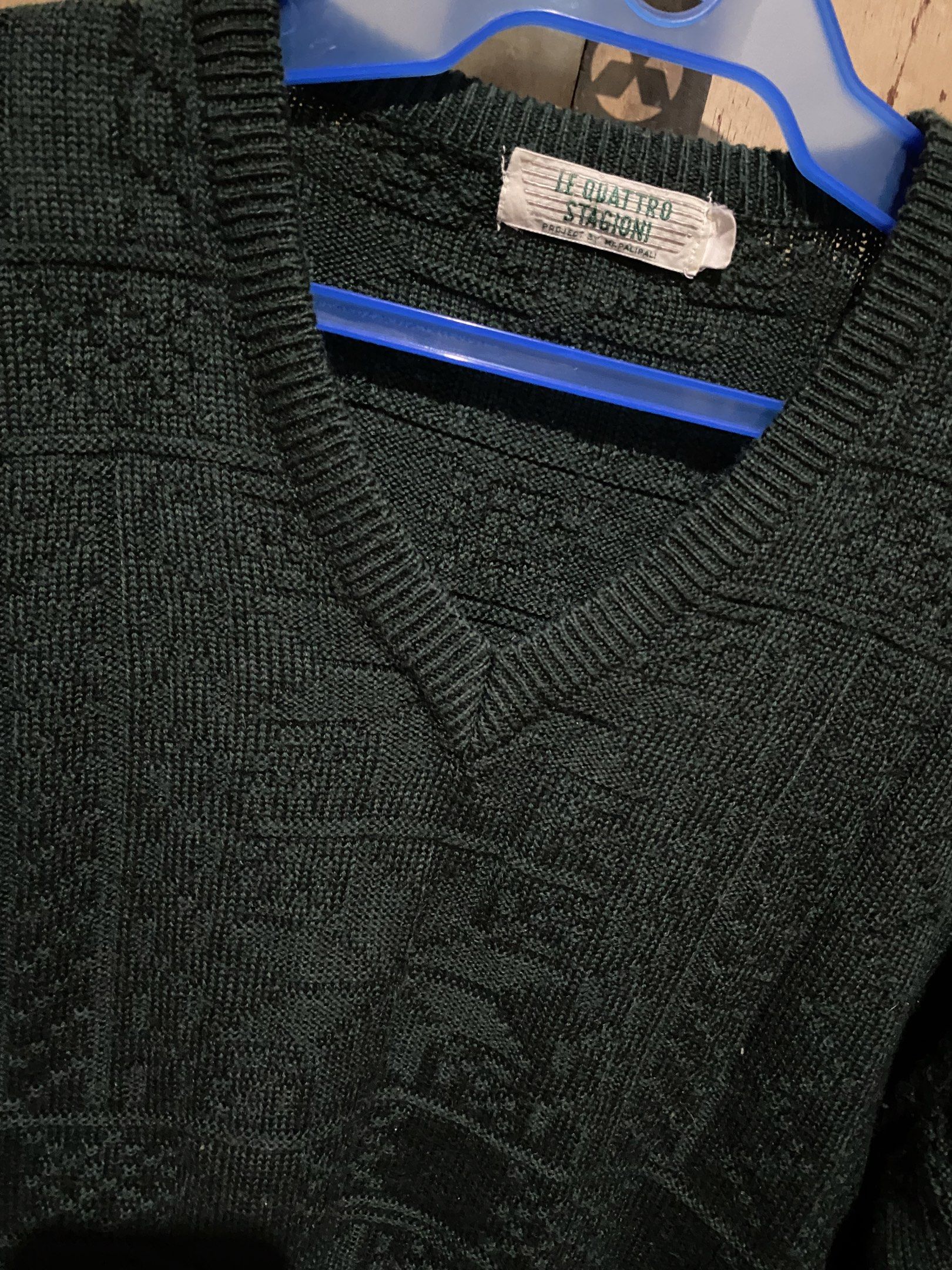Le Quattro Stagioni V-Neck Sweater (Category: Coats, Jackets and Outerwear) located in Manila. Submitted by dropndrip (Listing ID 1417792144, Image 3). Description: - Dark green knitted V-neck sweater - Brand: Le Quattro Stagioni -10/10 condi -21x24.