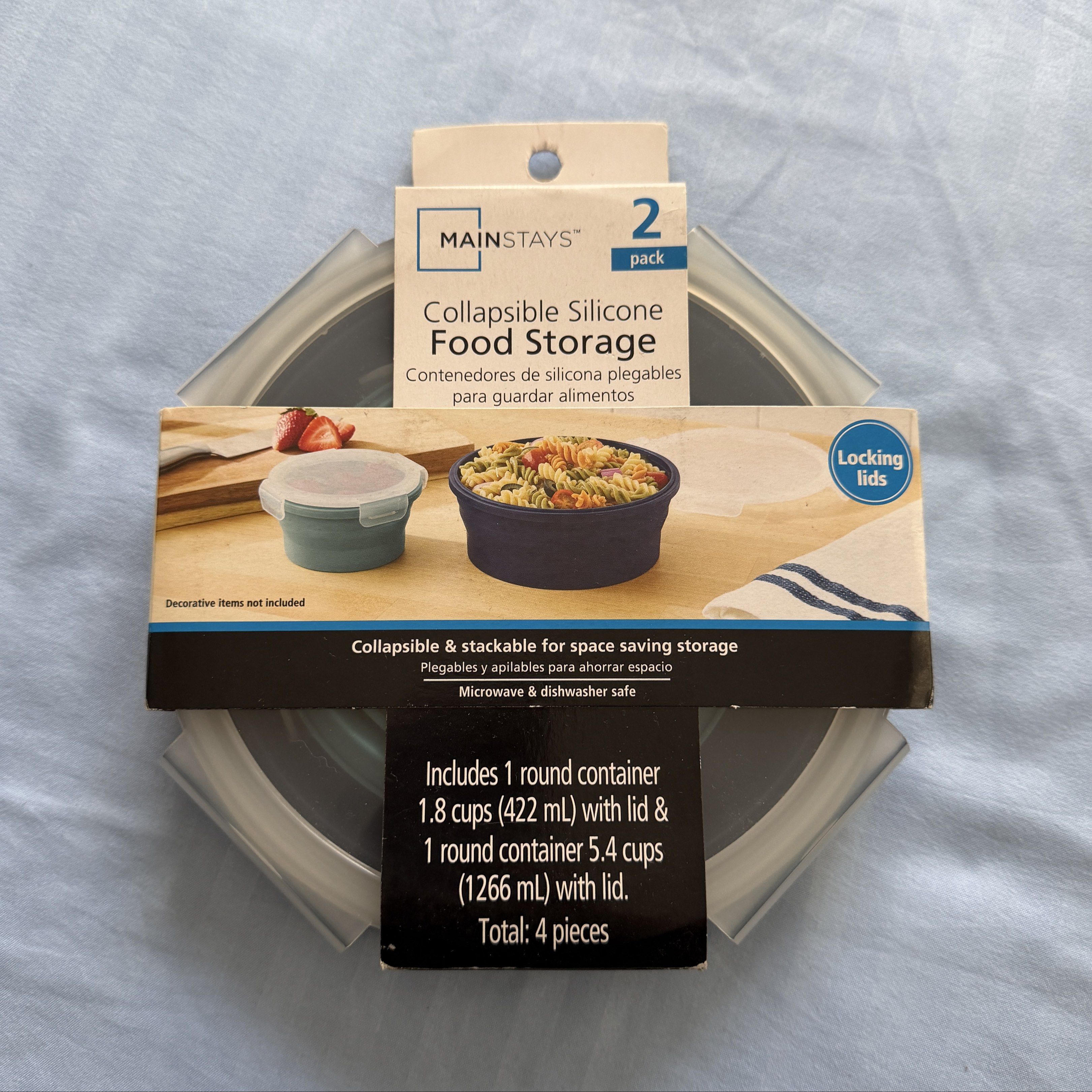 Mainstays Collapsible Silicone Food Storage 2-Pack (Category: Food Organization & Storage) located in Caloocan City. Submitted by shoppingmi28011 (Listing ID 1417637697, Image 1). Description: Mainstays 2-pack of collapsible silicone food storage containers. The set includes one round container with 1.8 cups (422 ml) capacity with lid and one round container with 5.4 cups (1266 ml) capacity with lid. They are microwave and dishwasher safe. These 