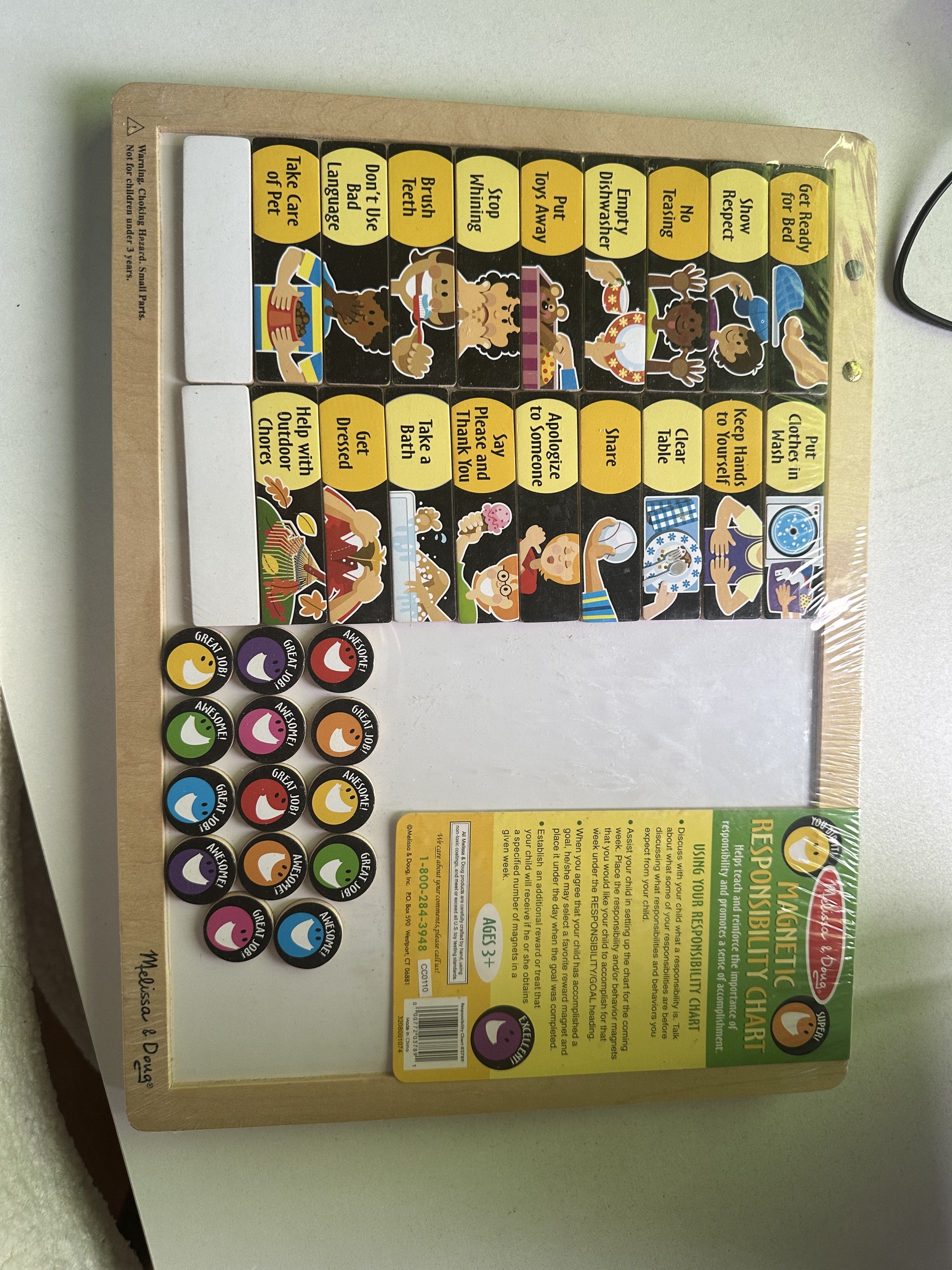 Melissa & Doug Magnetic Responsibility Chart (Category: Infant Playtime) located in Quezon City. Submitted by honeyhon3y (Listing ID 1417692855, Image 1). Description: - Melissa & Doug Magnetic Responsibility Chart - For children aged 3+ - Wooden-framed magnetic chart - Includes task cards and reward magnets - Helps kids build responsibility and good habits - Tracks progress - Brand new, still sealed.