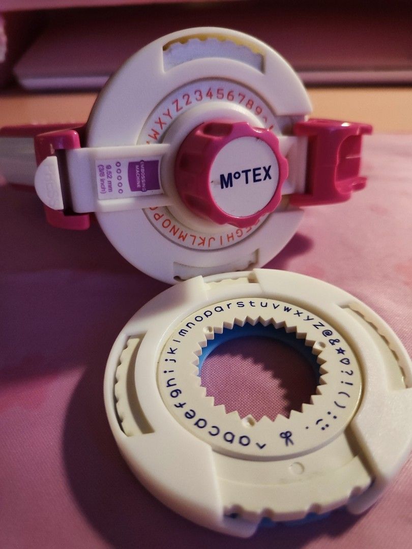 Motex Label Maker - Rose Pink (Category: Craft Supplies & Tools) located in Marilao. Submitted by faeyie (Listing ID 1417715240, Image 1). Description: 🩷 RFS: Decluttering. Di na nagagamit 🩷 2 wheels included (Alphabet, Numbers & Emoticon).