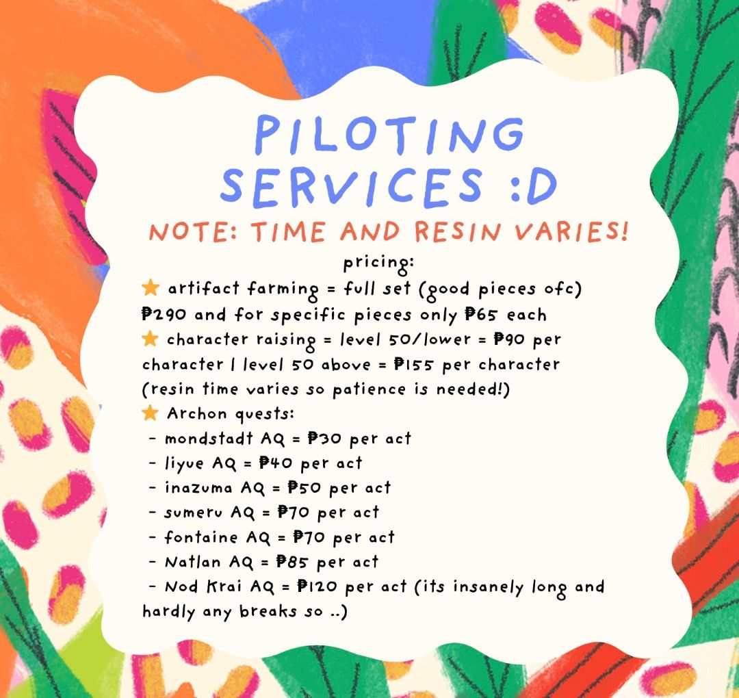 (OPEN FOR ANY REQS) Genshin Impact Piloting Services (Category: Others) located in Makati City. Submitted by luka_yeon17 (Listing ID 1412639860, Image 2). Description: Genshin Impact Piloting Services available! [UPDATED] - Artifact farming & Character raising - Archon quests & world quests - Daily/weekly maintenance + Exploration (percentage & chest hunting) - All slots are open! Dm your requests :D Please don’t hesitate to DM for more info<3 Ad