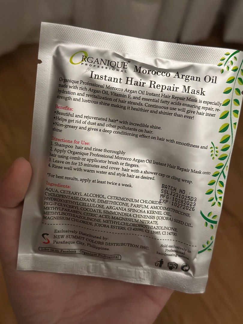 Organique Morocco Argan Oil (Category: Hair) located in Quezon City. Submitted by daphnestars (Listing ID 1417735787, Image 2). Description: Instant repair hair mask Expires october 27, 2026 Payment - gcash qr.