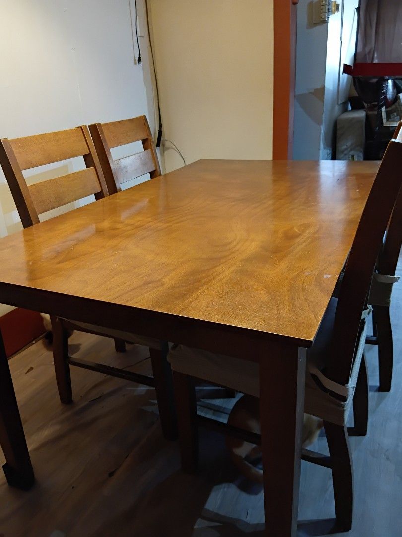 OUR HOME 6 seater dining table wood (Category: Tables & Sets) located in Caloocan City. Submitted by elarecreo (Listing ID 1417653572, Image 1). Description: bought last 2023 with dents RFS: too big for 2 people, will buy a smaller one.