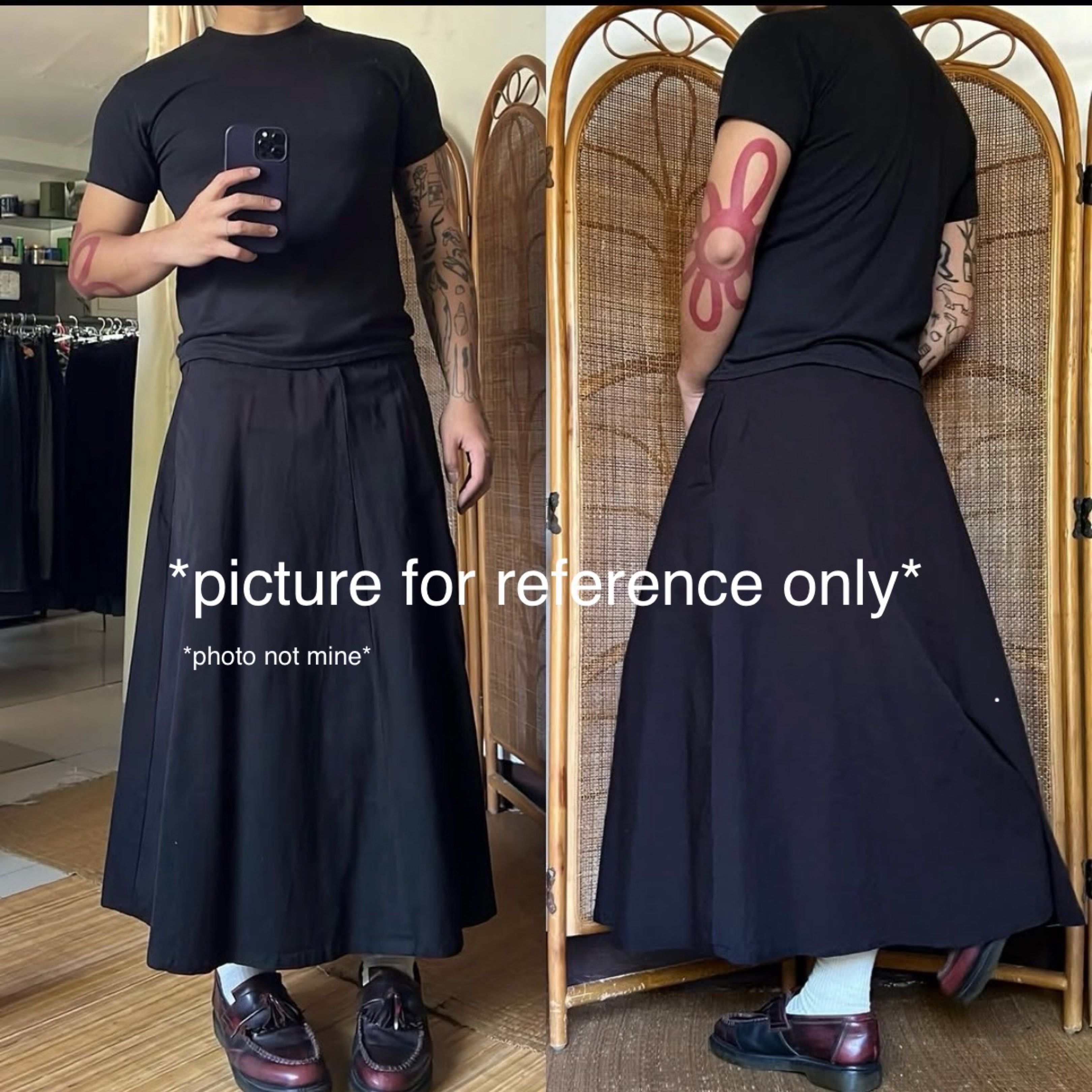Preloved Black Staple Canvas Skirt (Category: Skirts) located in Angono. Submitted by byeonggi (Listing ID 1417665911, Image 1). Description: super fave black HQ staple canvas skirt, love the way it drops W 26-32’/ L 32’ - Black A-line skirt - High quality, makapal na tela - Good fashion, Japanese style - For both Men and Women - Elastic waistband - With drawstring and pockets on both sides - Flowing, flared design - Opaque fabric - Versatile for