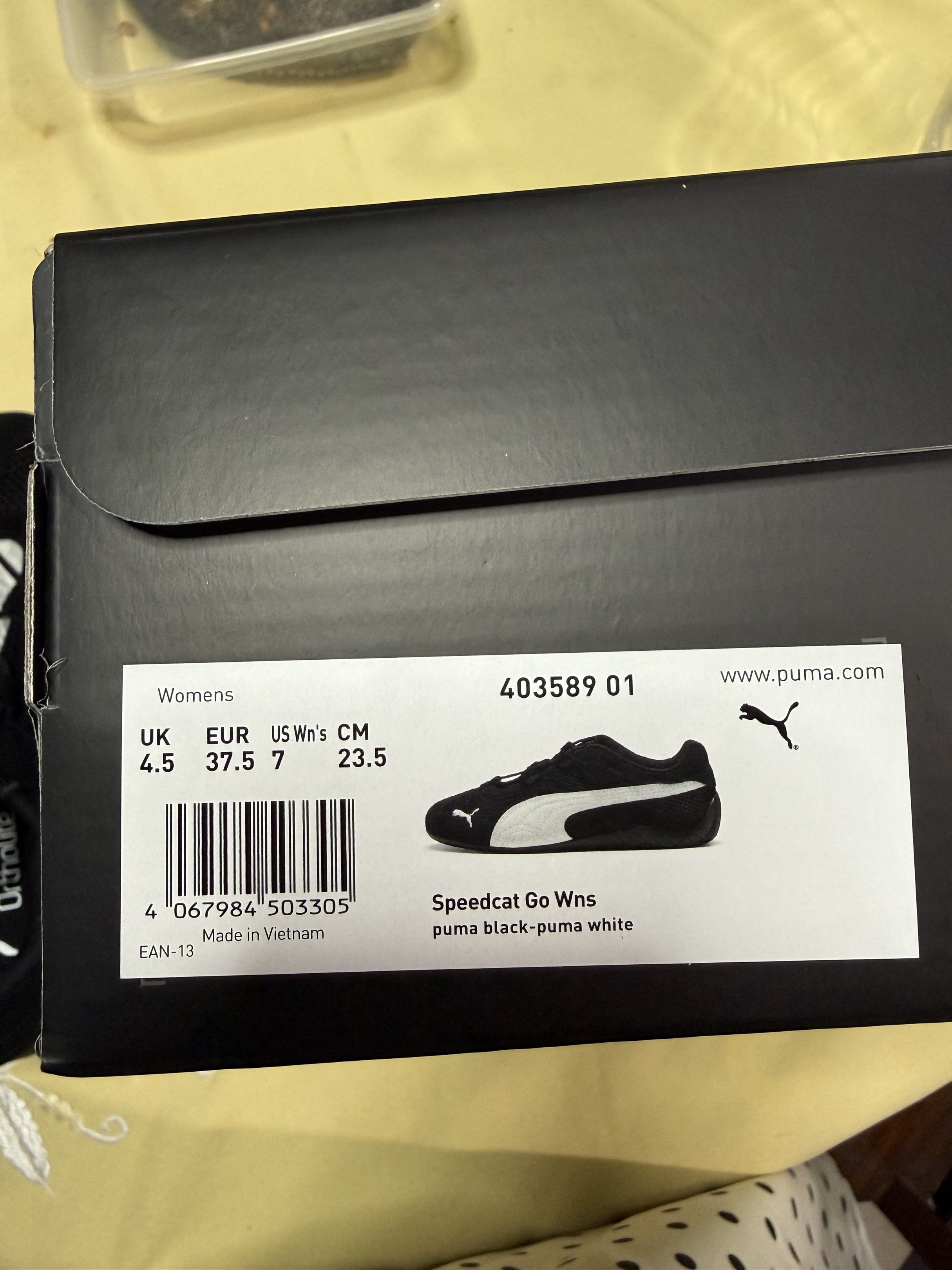Puma Speedcat Go Womens (Black) (Category: Sneakers) located in Paranaque City. Submitted by cza.gaerlan (Listing ID 1417722282, Image 2). Description: Rush sale ‼️ Brand new! FOR SALE: PUMA SPEEDCAT GO WOMENS (BLACK) SIZE: 7US/ 23.5CM Price: 4000 +SF RFS: Maliit sakin Loc: Parañaque city.