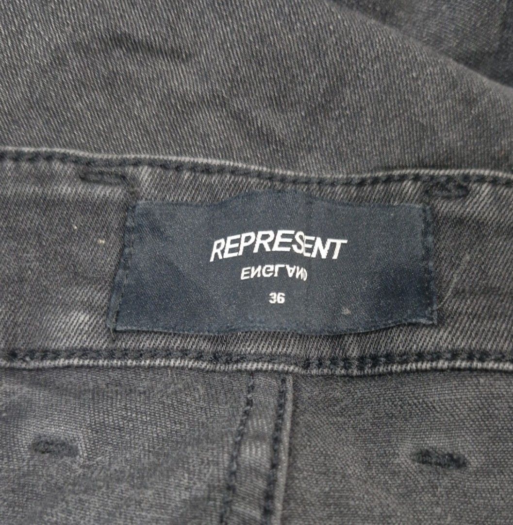 Represent Distressed Jeans (Category: Jeans) located in Pili. Submitted by the_g_thrift (Listing ID 1417740628, Image 3). Description: represent jeans size 36 on tag size: 32- 36 tape measure streachable length: 45 hem: 6 very good condition minimal sigb of used .