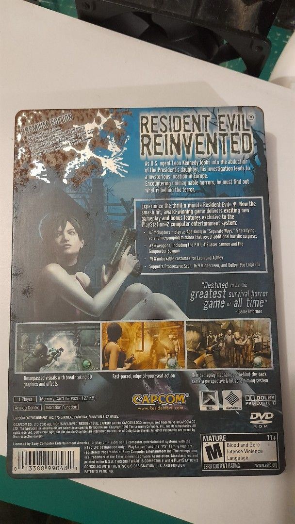 Resident Evil 4 Premium Edition - PS2 (Category: PlayStation) located in Caloocan City. Submitted by marvinchan139 (Listing ID 1417723017, Image 2). Description: - Resident Evil 4 Premium Edition for PlayStation 2 - Includes game disc, case, and manual - Features Leon Kennedy - Rated M for Mature - Includes DVD - missing ada Wong picture - with some rust on the steelbook case so manage your expectations. - Manufactured by Capcom.