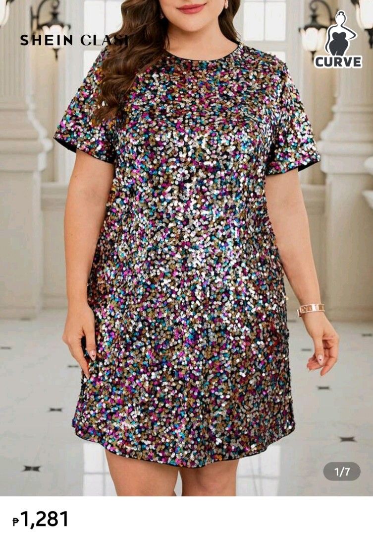 Shein Curve Sequin Dress 3XL (Category: Dresses) located in Manila. Submitted by kyracb (Listing ID 1417731008, Image 1). Description: - Shein Curve sequin dress - Size: 3XL - Features: Round neck, short sleeves - Ideal for parties and special events - Measurements: - Shoulder: 17.1 in - Bust: 50.2 in - Waist: 51.2 in - Hip: 56.5 in - Length: 39.8/37.2 in - Sleeve Length: 9.6 in - Bicep: 19.1 in - Cuff: 18.3 in.