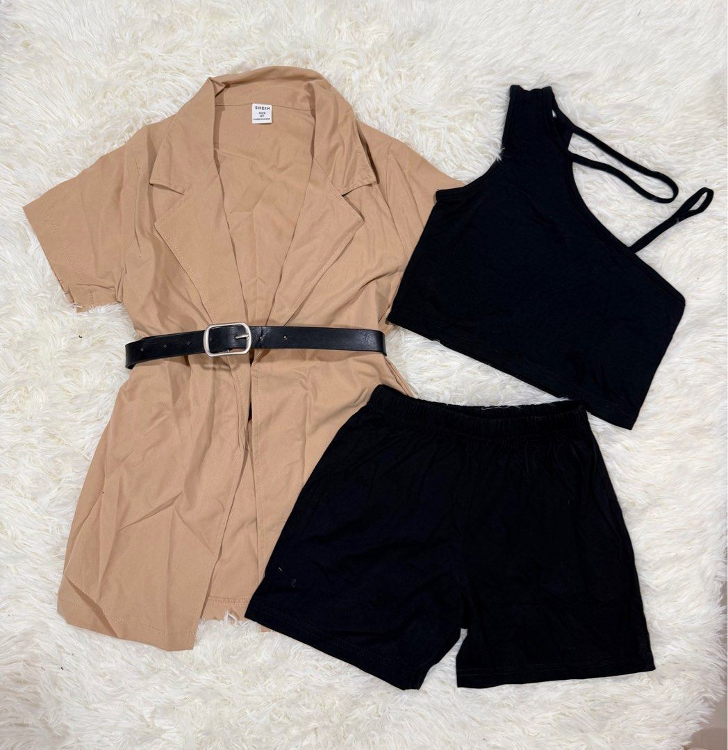 Shein Outfit Set with Belt (Category: Babies & Kids Fashion) located in Cabuyao City. Submitted by affordable_love_items (Listing ID 1417805147, Image 1). Description: 6years old - Beige collared top with belt (short sleeves) - Black crop top (unique strap design) - Black shorts (basic style) - Perfect for a casual, stylish look..