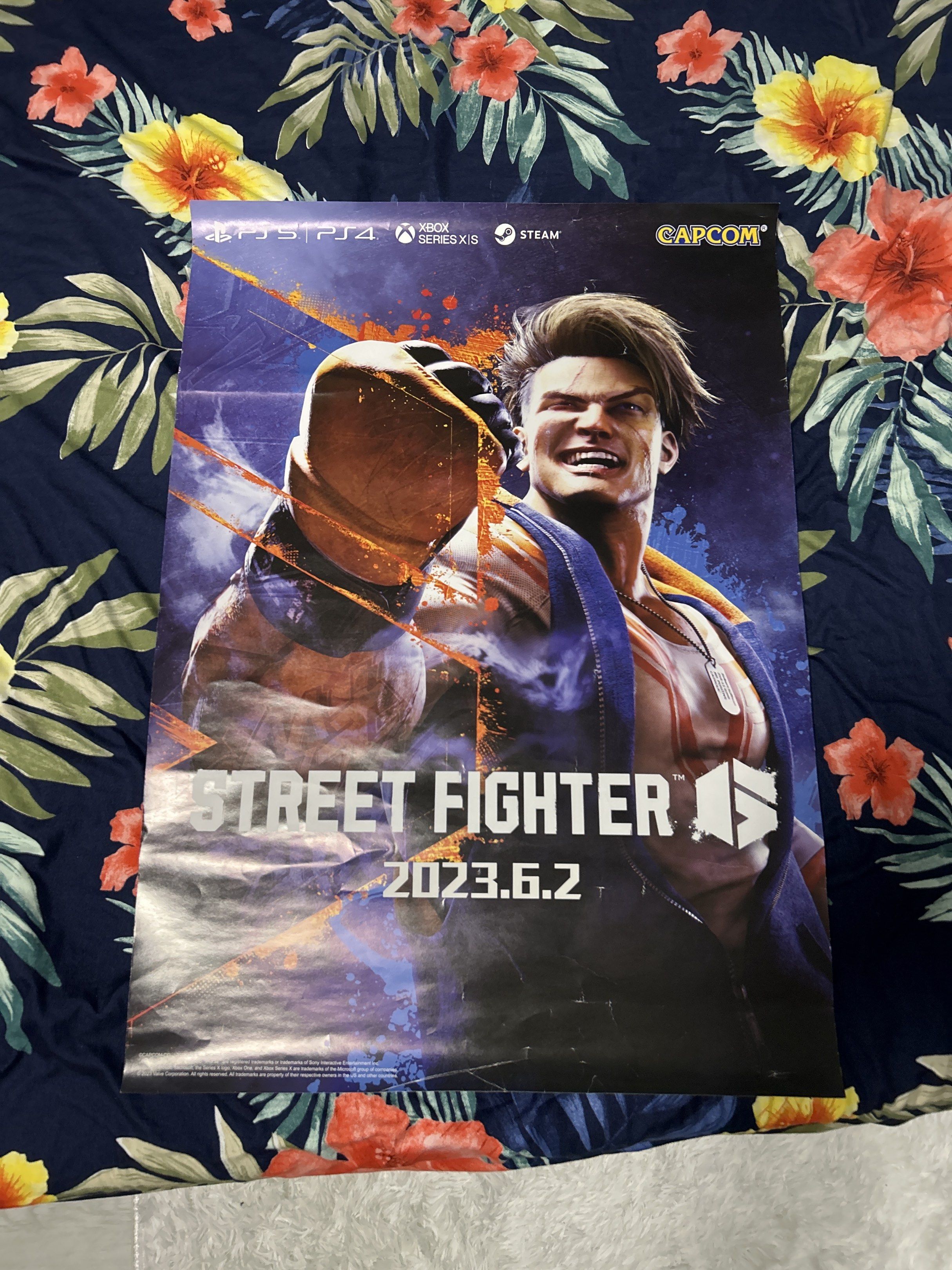 Street Fighter 6 Poster (Category: PlayStation) located in Manila. Submitted by warmocean-65ecbe (Listing ID 1417747713, Image 1). Description: - Official Street Fighter 6 poster - Features the game's logo and character illustration - Dated 2023.6.2 - Includes Capcom logo - Compatible with: PS5, PS4, Xbox Series X|S, and Steam.