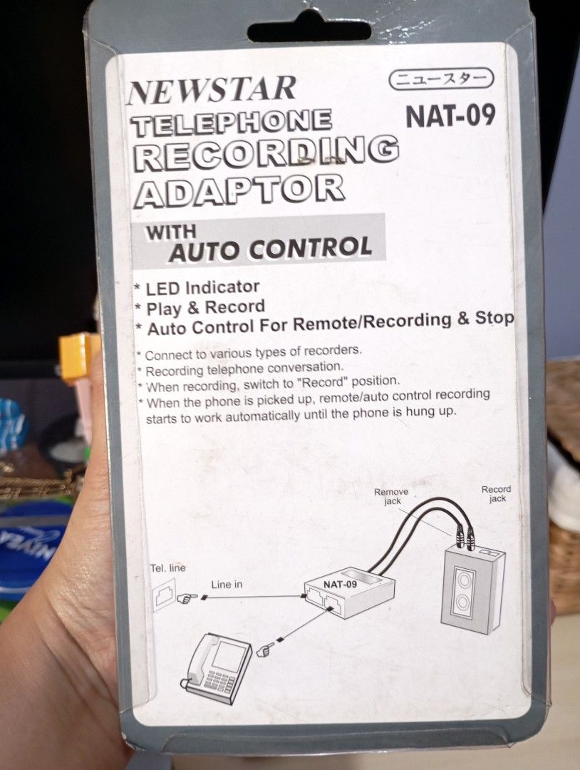 Telephone Recording Adaptor w/ Auto Control Set (Category: Electrical, Adaptors & Sockets) located in Quezon City. Submitted by ana-chan (Listing ID 1417739557, Image 2). Description: Newstar NAT-09 Telephone Recording Adaptor with auto control. Features LED indicator, play and record functions. It is designed to connect to various types of recorders. It allows recording telephone conversations. The adaptor automatically starts recording when the