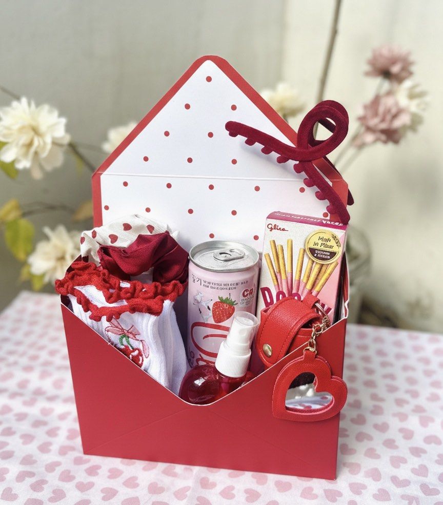 Personalized Gift Set (Category: Gift Baskets & Hampers) located in Quezon City. Submitted by euphoria_mnl (Listing ID 1417690760, Image 1). Description: Flowers say “I remembered.” This says “I really thought about you.” Curated gift set What’s inside: 🍒 Cherry Pilates Socks 🍓 Strawberry Drink 🍓 Strawberry Pocky 💄 Lipstick Holder with Heart Mirror 🎀 Velvet Claw Clip 🎀 2 Scrunchies 🍒 Cherry Whitening Facemask 📦 Pre-order basis 💌 Limited 