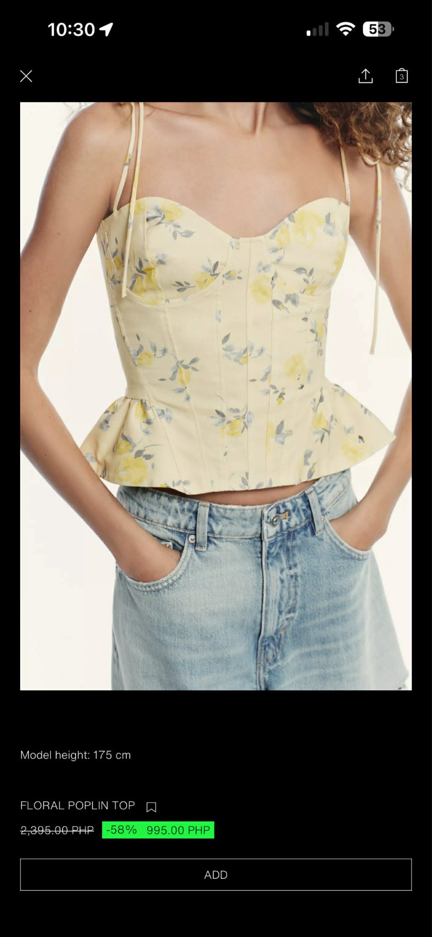 Zara Floral Poplin Top for PREORDER (Category: Blouses) located in Manila. Submitted by mngln (Listing ID 1417619209, Image 1). Description: - Floral poplin top - Sweetheart neckline - Delicate spaghetti straps - Peplum hem - Fitted bodice - Yellow base with floral print - Original Price: ₱2,395 - Discounted price: ₱795 - S/M/L sizes available - ETA TBA - from Zara Japan.