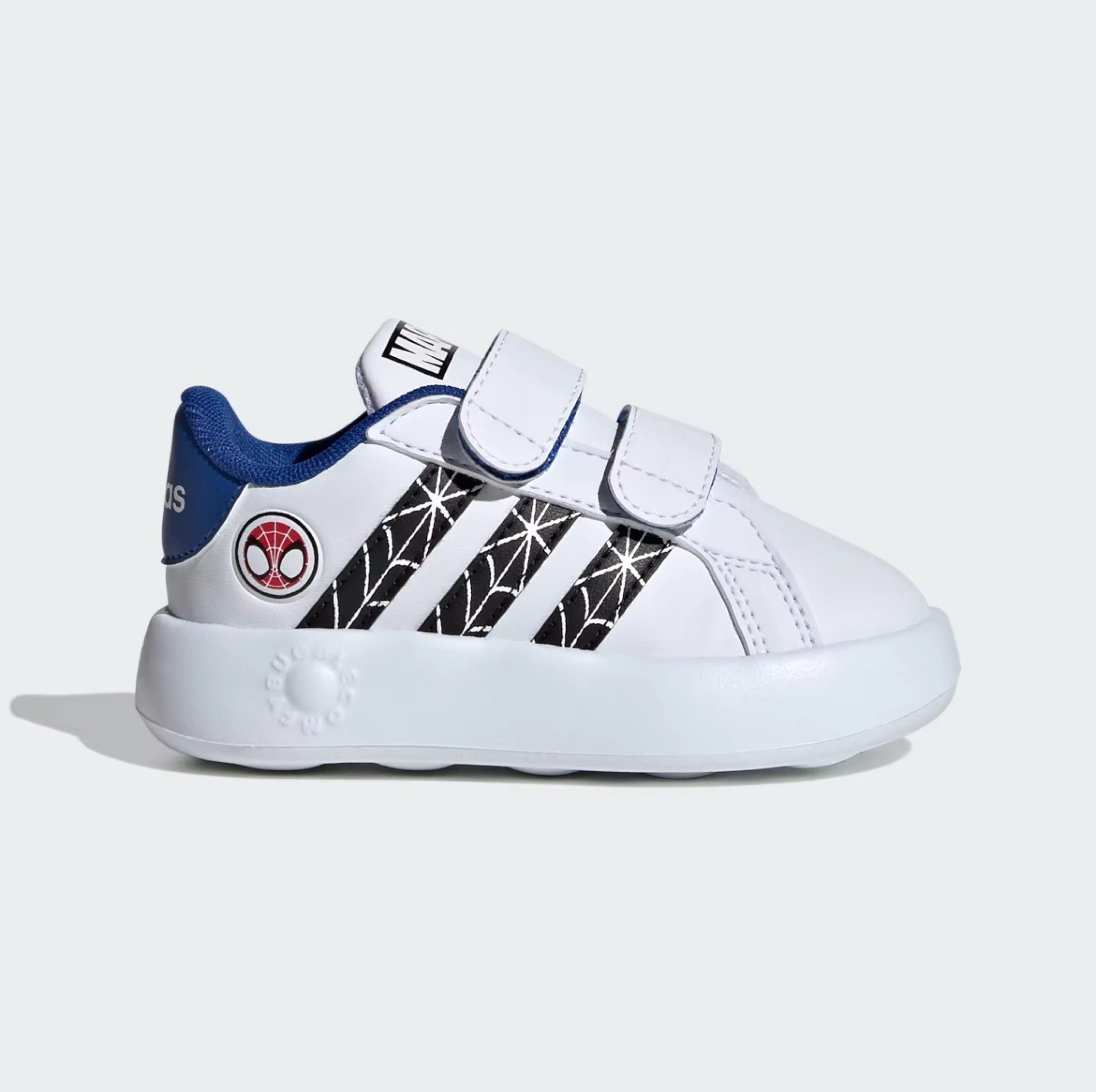 Adidas Spider-Man Toddler Shoes (Category: Babies & Kids Fashion) located in Rizal. Submitted by jaimsolshop (Listing ID 1417838409, Image 2). Description: - Adidas Grand Court toddler shoes - White upper with blue accents - Featuring a Spider-Man design - Two velcro straps for easy on and off - Adidas logo on the heel - Marvel logo on the strap - White rubber sole.