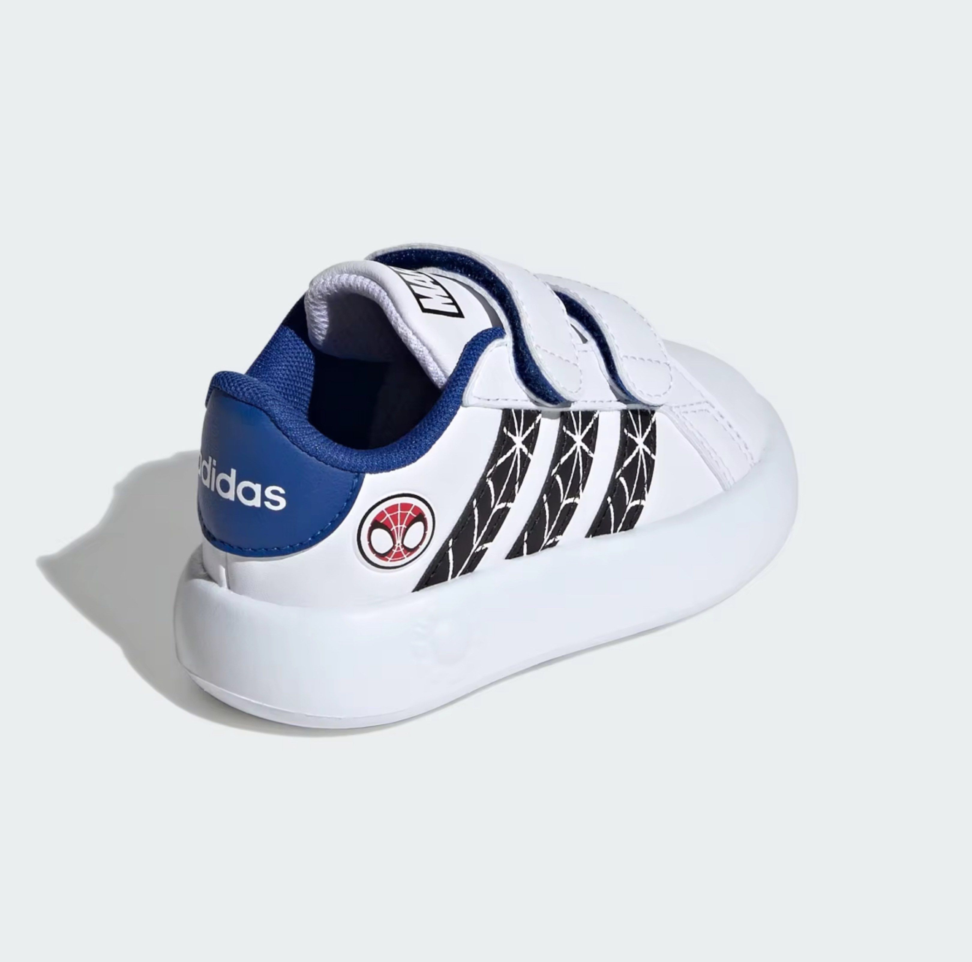 Adidas Spider-Man Toddler Shoes (Category: Babies & Kids Fashion) located in Rizal. Submitted by jaimsolshop (Listing ID 1417838409, Image 3). Description: - Adidas Grand Court toddler shoes - White upper with blue accents - Featuring a Spider-Man design - Two velcro straps for easy on and off - Adidas logo on the heel - Marvel logo on the strap - White rubber sole.